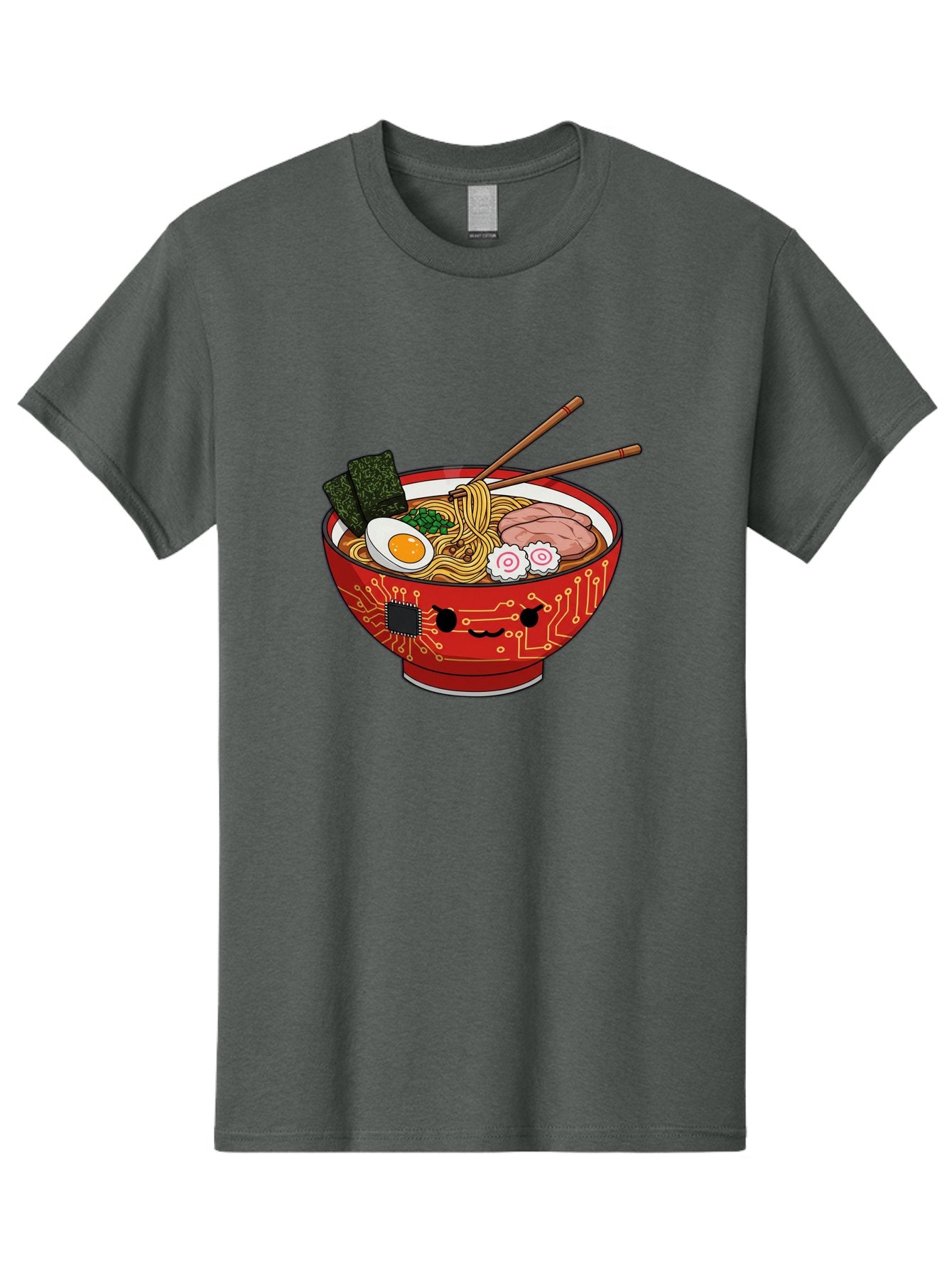 Ramen-With-Circuitry Men'S Graphic Tee, 100% Cotton, Comfortable Casual Summer Wear, Machine Washable, Ramen Bowl, Robot Face, Circuit Board Design, Chopsticks, Boiled Egg, Seaweed, Pork Slices, Narutomaki, Japanese Cuisine, Tech Meets Food, Bae727 7