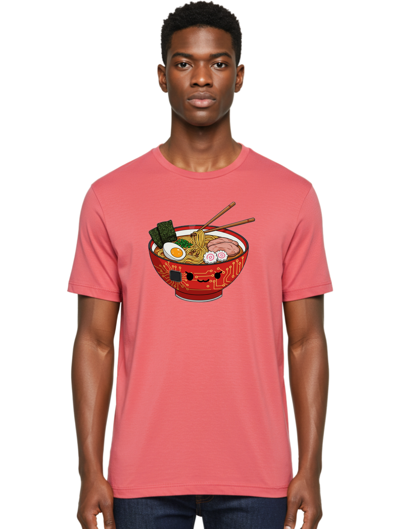Ramen-With-Circuitry Men'S Graphic Tee, 100% Cotton, Comfortable Casual Summer Wear, Machine Washable, Ramen Bowl, Robot Face, Circuit Board Design, Chopsticks, Boiled Egg, Seaweed, Pork Slices, Narutomaki, Japanese Cuisine, Tech Meets Food, Bae727 23