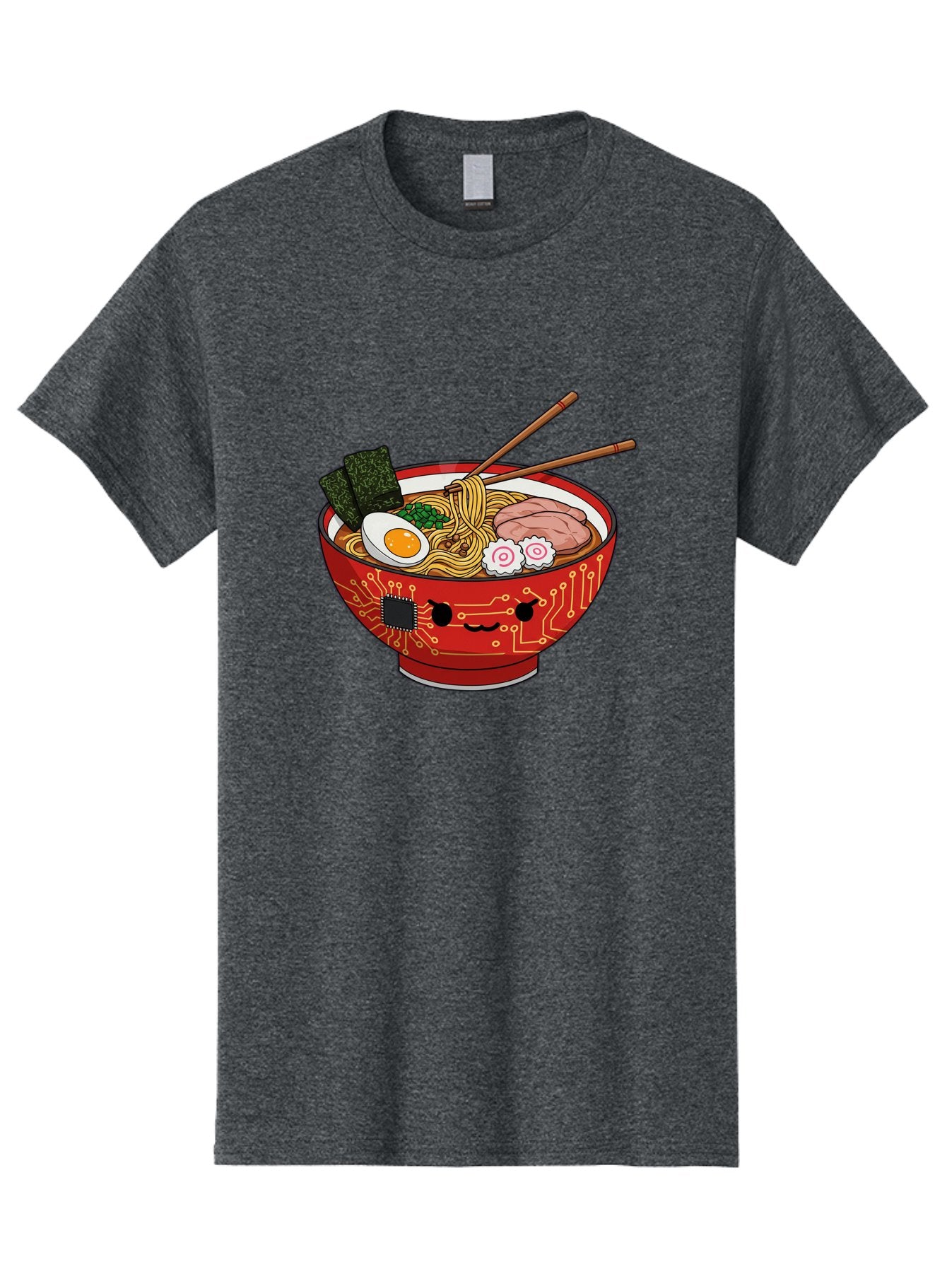 Ramen-With-Circuitry Men'S Graphic Tee, 100% Cotton, Comfortable Casual Summer Wear, Machine Washable, Ramen Bowl, Robot Face, Circuit Board Design, Chopsticks, Boiled Egg, Seaweed, Pork Slices, Narutomaki, Japanese Cuisine, Tech Meets Food, Bae727 10