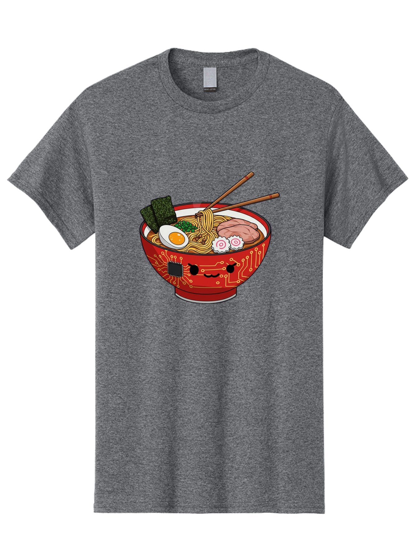 Ramen-With-Circuitry Men'S Graphic Tee, 100% Cotton, Comfortable Casual Summer Wear, Machine Washable, Ramen Bowl, Robot Face, Circuit Board Design, Chopsticks, Boiled Egg, Seaweed, Pork Slices, Narutomaki, Japanese Cuisine, Tech Meets Food, Bae727 15