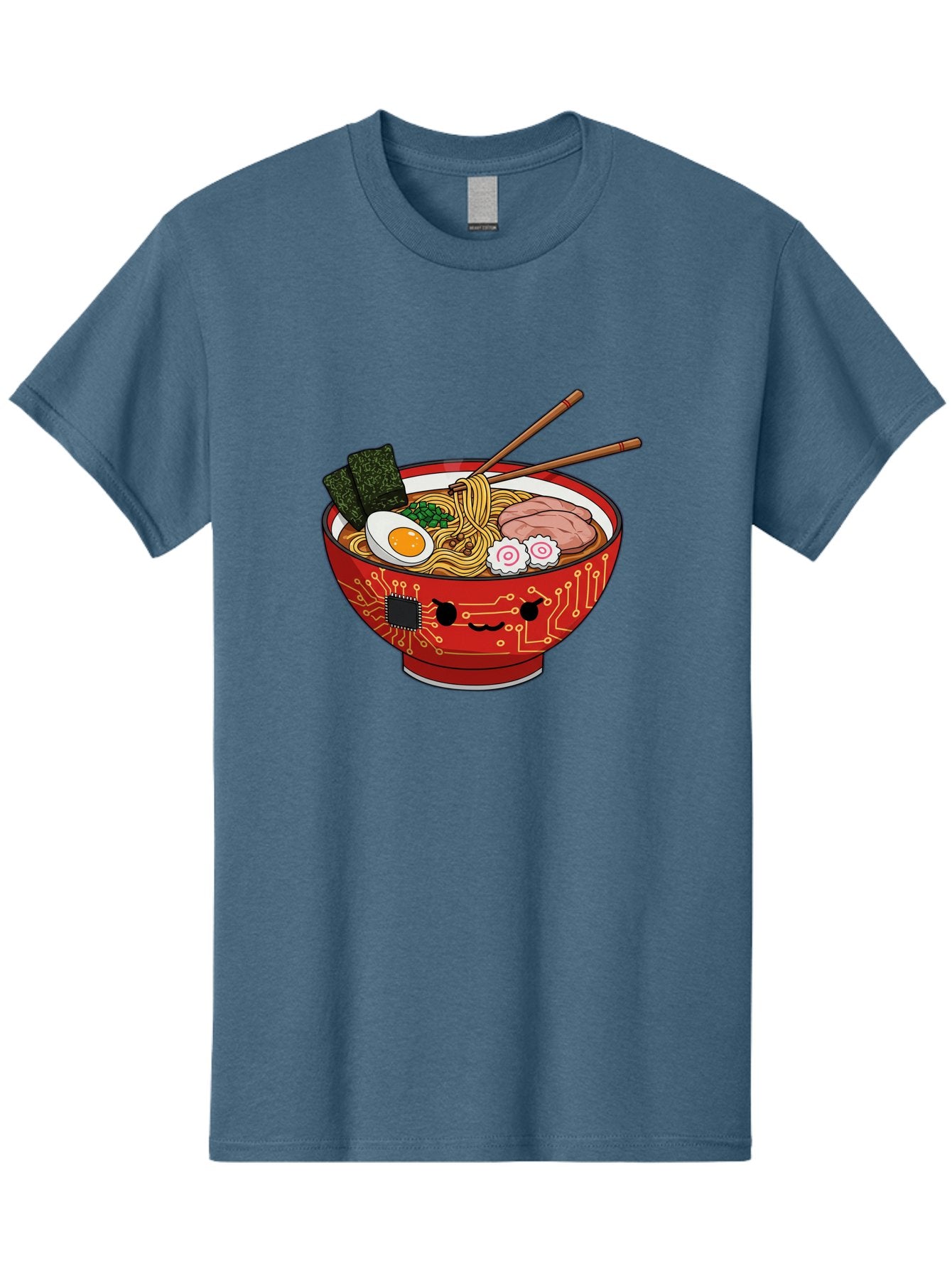 Ramen-With-Circuitry Men'S Graphic Tee, 100% Cotton, Comfortable Casual Summer Wear, Machine Washable, Ramen Bowl, Robot Face, Circuit Board Design, Chopsticks, Boiled Egg, Seaweed, Pork Slices, Narutomaki, Japanese Cuisine, Tech Meets Food, Bae727 9