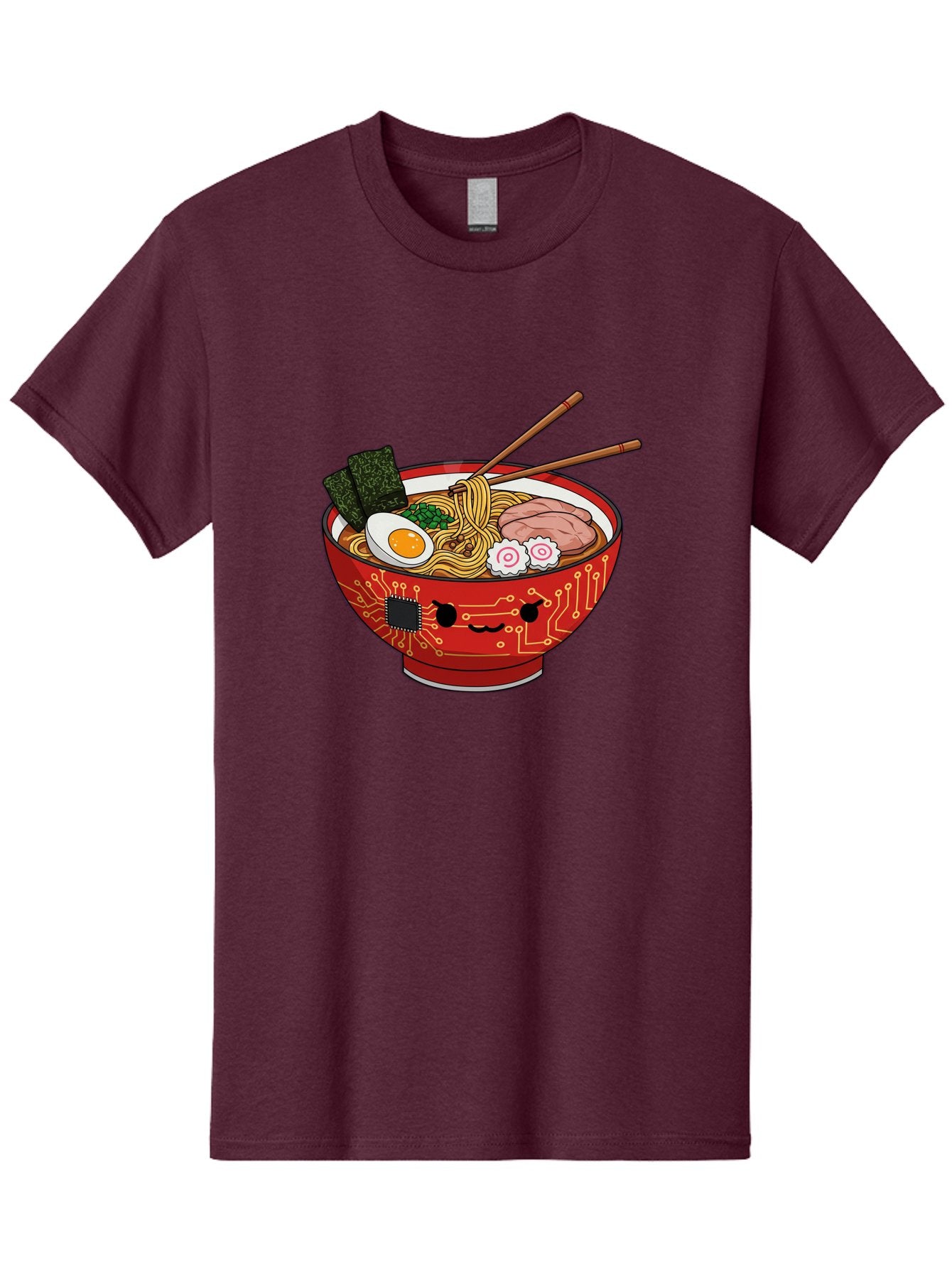 Ramen-With-Circuitry Men'S Graphic Tee, 100% Cotton, Comfortable Casual Summer Wear, Machine Washable, Ramen Bowl, Robot Face, Circuit Board Design, Chopsticks, Boiled Egg, Seaweed, Pork Slices, Narutomaki, Japanese Cuisine, Tech Meets Food, Bae727 4