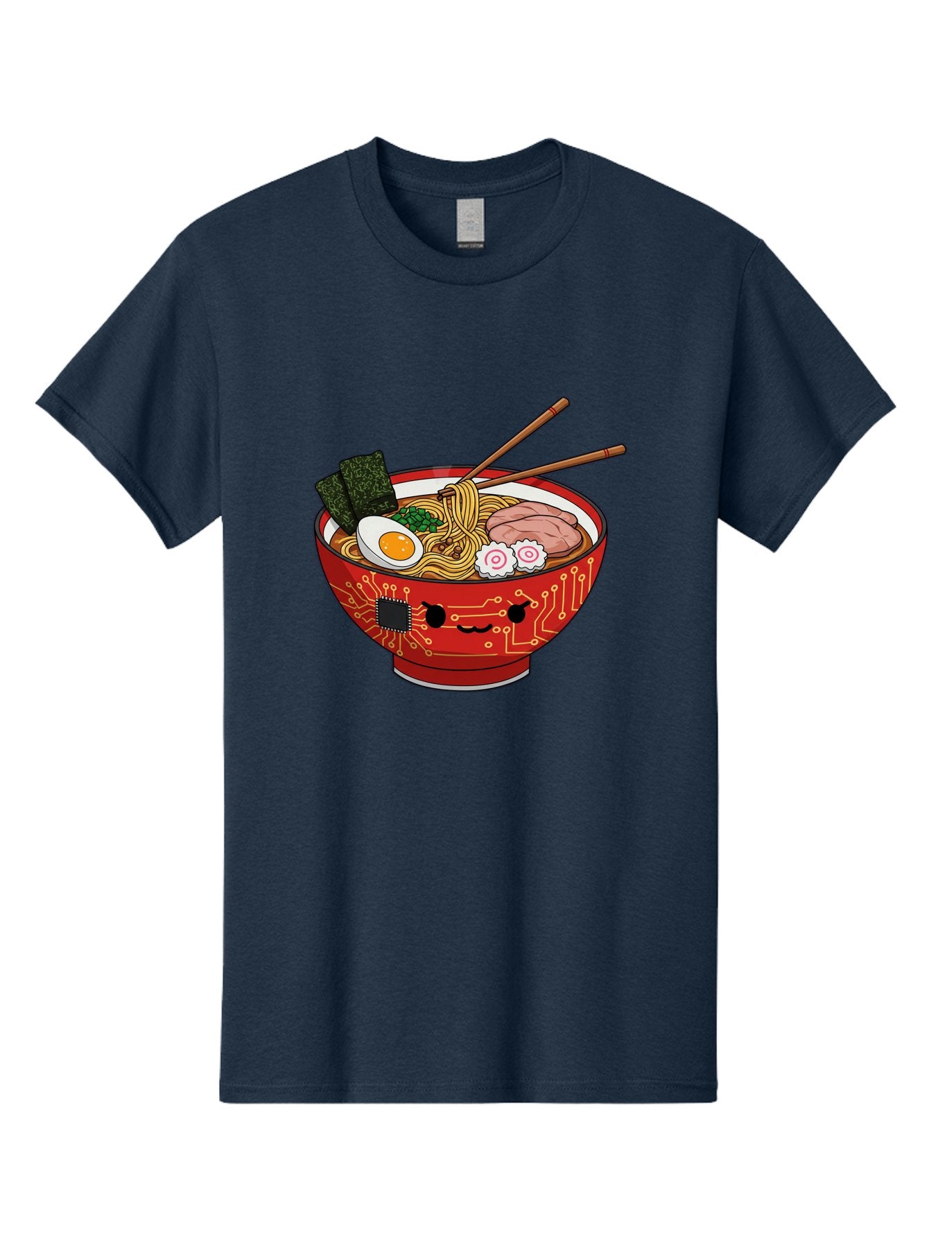 Ramen-With-Circuitry Men'S Graphic Tee, 100% Cotton, Comfortable Casual Summer Wear, Machine Washable, Ramen Bowl, Robot Face, Circuit Board Design, Chopsticks, Boiled Egg, Seaweed, Pork Slices, Narutomaki, Japanese Cuisine, Tech Meets Food, Bae727 3
