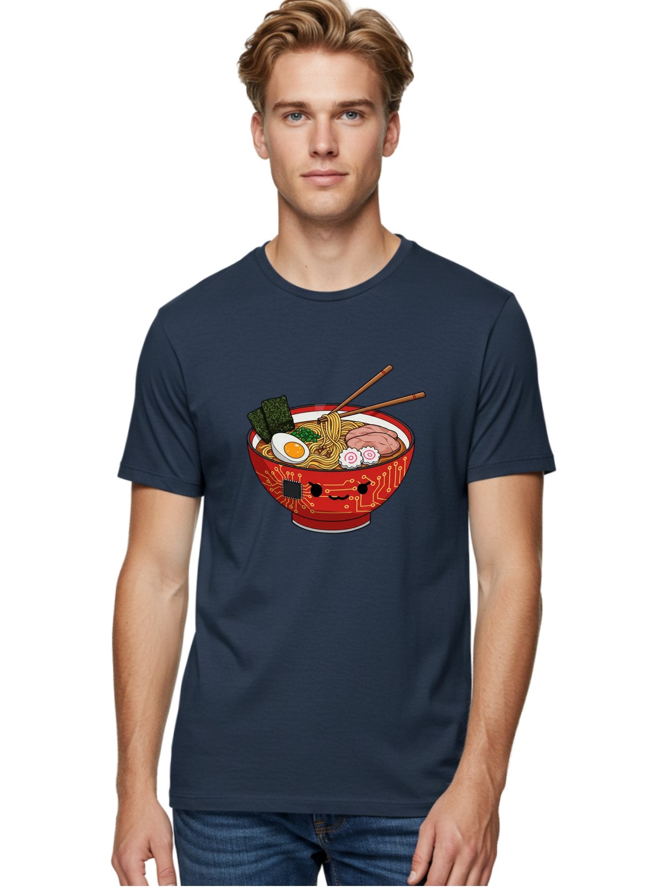 Ramen-With-Circuitry Men'S Graphic Tee, 100% Cotton, Comfortable Casual Summer Wear, Machine Washable, Ramen Bowl, Robot Face, Circuit Board Design, Chopsticks, Boiled Egg, Seaweed, Pork Slices, Narutomaki, Japanese Cuisine, Tech Meets Food, Bae727 22