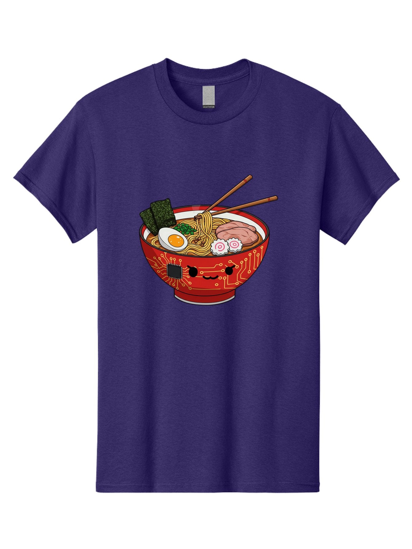Ramen-With-Circuitry Men'S Graphic Tee, 100% Cotton, Comfortable Casual Summer Wear, Machine Washable, Ramen Bowl, Robot Face, Circuit Board Design, Chopsticks, Boiled Egg, Seaweed, Pork Slices, Narutomaki, Japanese Cuisine, Tech Meets Food, Bae727 11