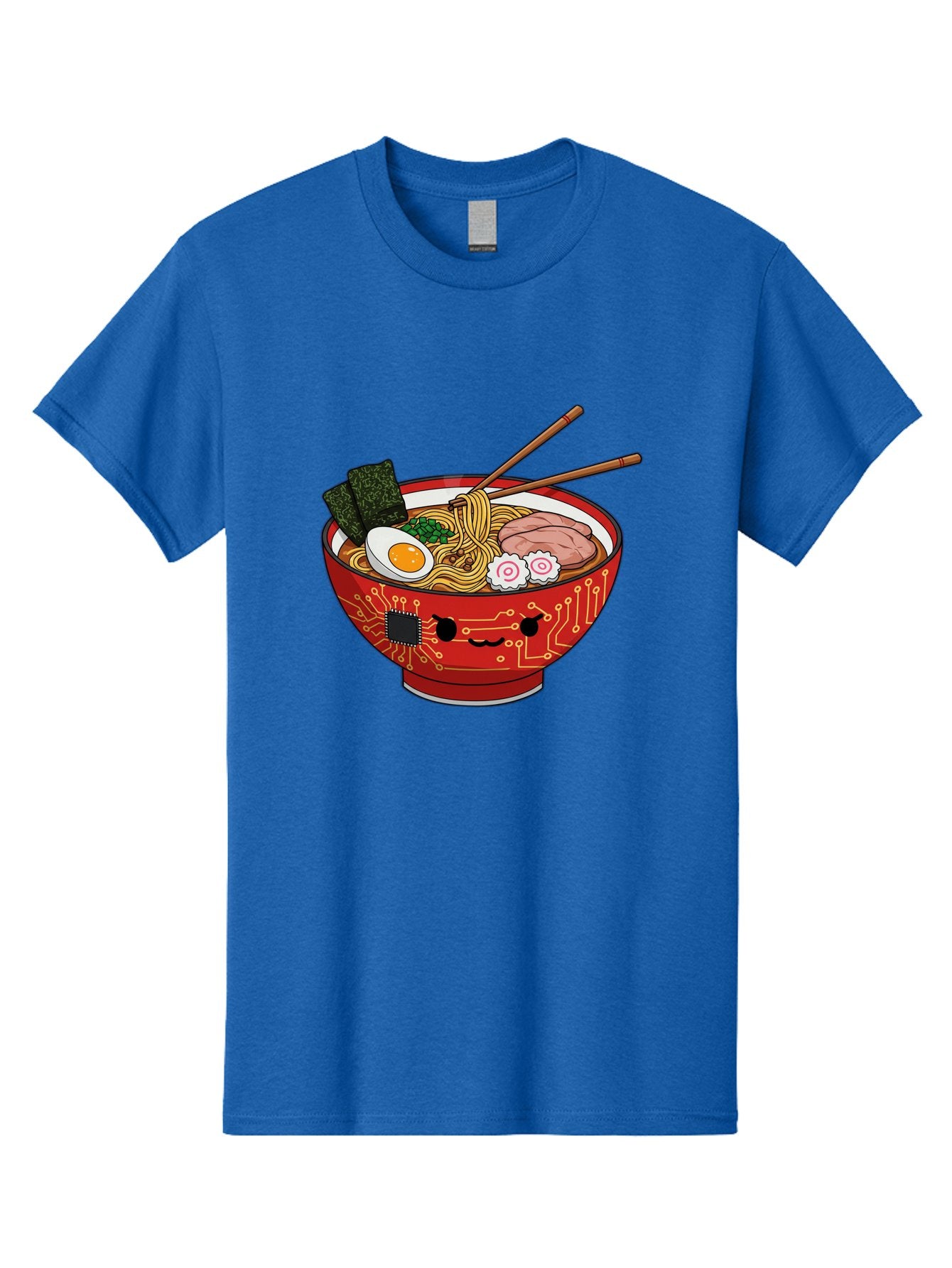 Ramen-With-Circuitry Men'S Graphic Tee, 100% Cotton, Comfortable Casual Summer Wear, Machine Washable, Ramen Bowl, Robot Face, Circuit Board Design, Chopsticks, Boiled Egg, Seaweed, Pork Slices, Narutomaki, Japanese Cuisine, Tech Meets Food, Bae727 13