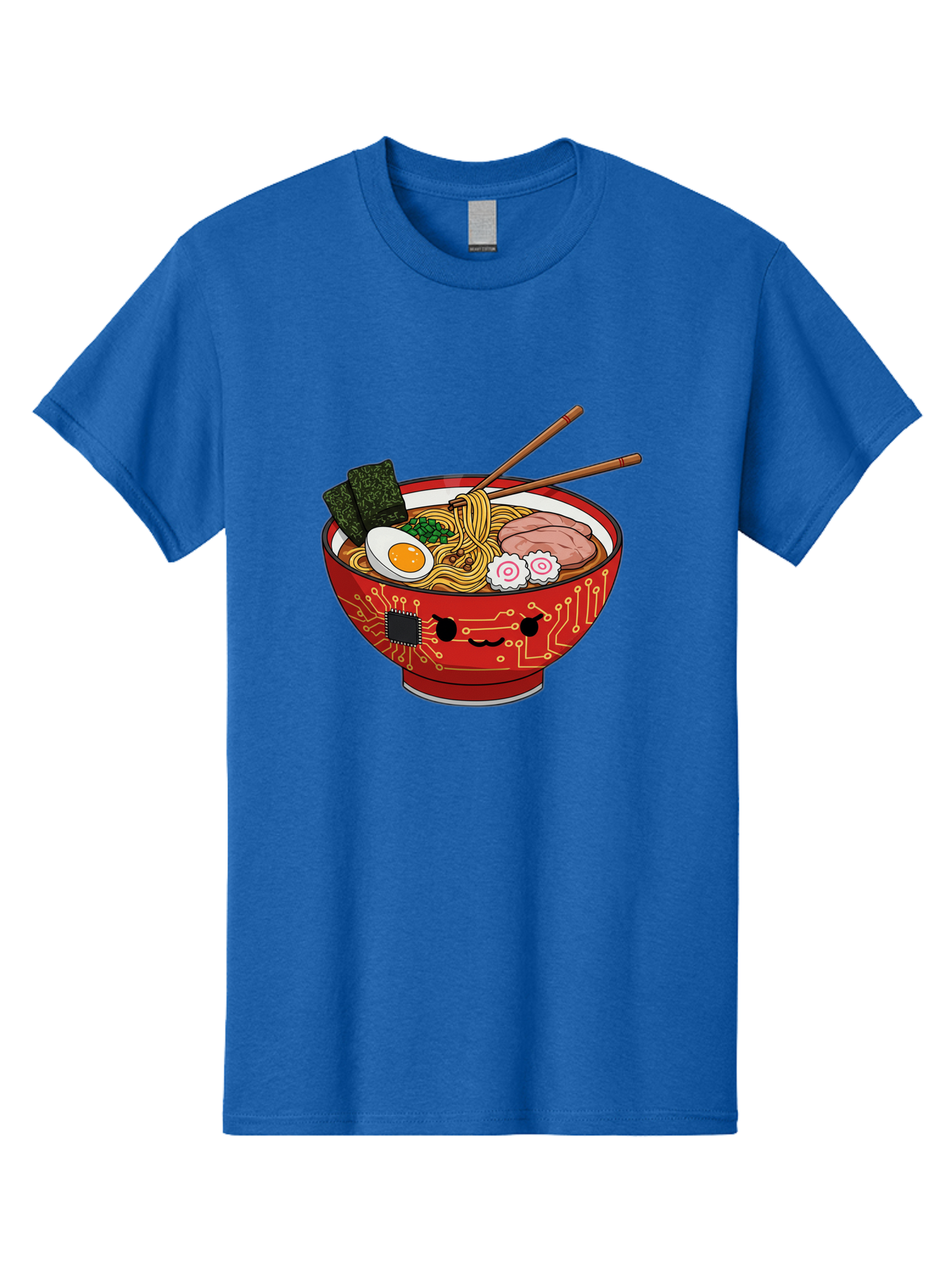 Ramen-With-Circuitry Men'S Graphic Tee, 100% Cotton, Comfortable Casual Summer Wear, Machine Washable, Ramen Bowl, Robot Face, Circuit Board Design, Chopsticks, Boiled Egg, Seaweed, Pork Slices, Narutomaki, Japanese Cuisine, Tech Meets Food, Bae727 15