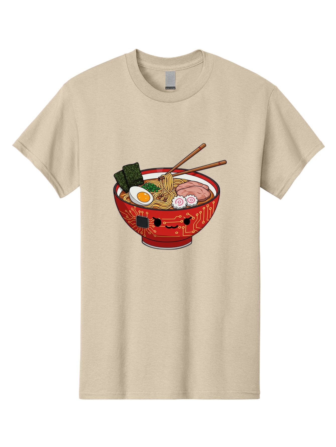Ramen-With-Circuitry Men'S Graphic Tee, 100% Cotton, Comfortable Casual Summer Wear, Machine Washable, Ramen Bowl, Robot Face, Circuit Board Design, Chopsticks, Boiled Egg, Seaweed, Pork Slices, Narutomaki, Japanese Cuisine, Tech Meets Food, Bae727 6