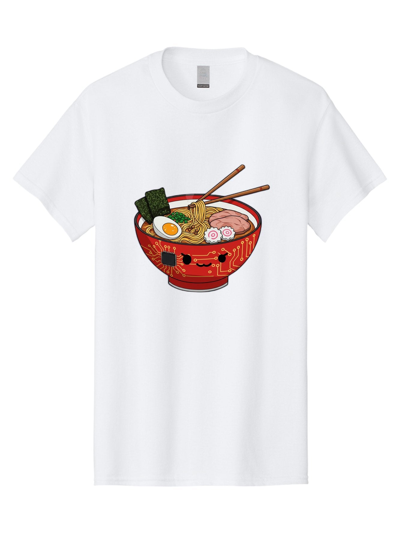Ramen-With-Circuitry Men'S Graphic Tee, 100% Cotton, Comfortable Casual Summer Wear, Machine Washable, Ramen Bowl, Robot Face, Circuit Board Design, Chopsticks, Boiled Egg, Seaweed, Pork Slices, Narutomaki, Japanese Cuisine, Tech Meets Food, Bae727 14
