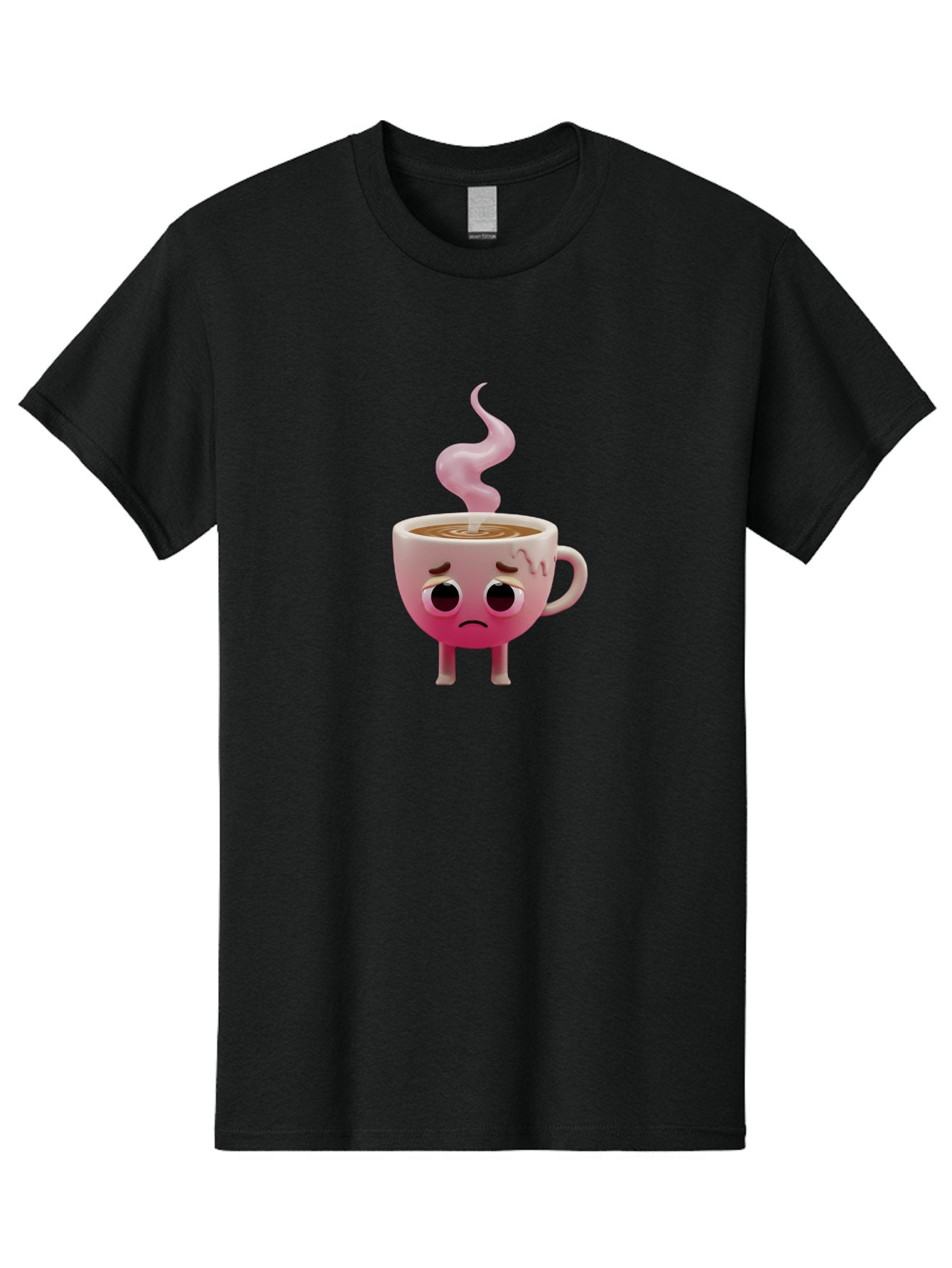 Sad-Coffee-Cup-1 Men'S Graphic Tee, 100% Cotton, Comfortable Casual Summer Wear, Machine Washable, Cartoon Coffee Cup With Face, Coffee In The Cup, Steaming Hot Beverage, Sad Face Expression, Pink Gradient Color, Quirky Character Design, Bae730