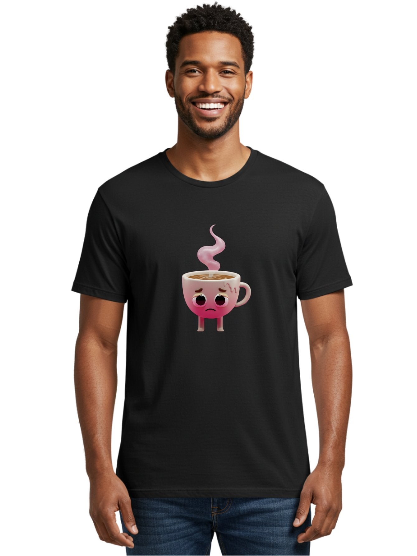 Sad-Coffee-Cup-1 Men'S Graphic Tee, 100% Cotton, Comfortable Casual Summer Wear, Machine Washable, Cartoon Coffee Cup With Face, Coffee In The Cup, Steaming Hot Beverage, Sad Face Expression, Pink Gradient Color, Quirky Character Design, Bae730 19