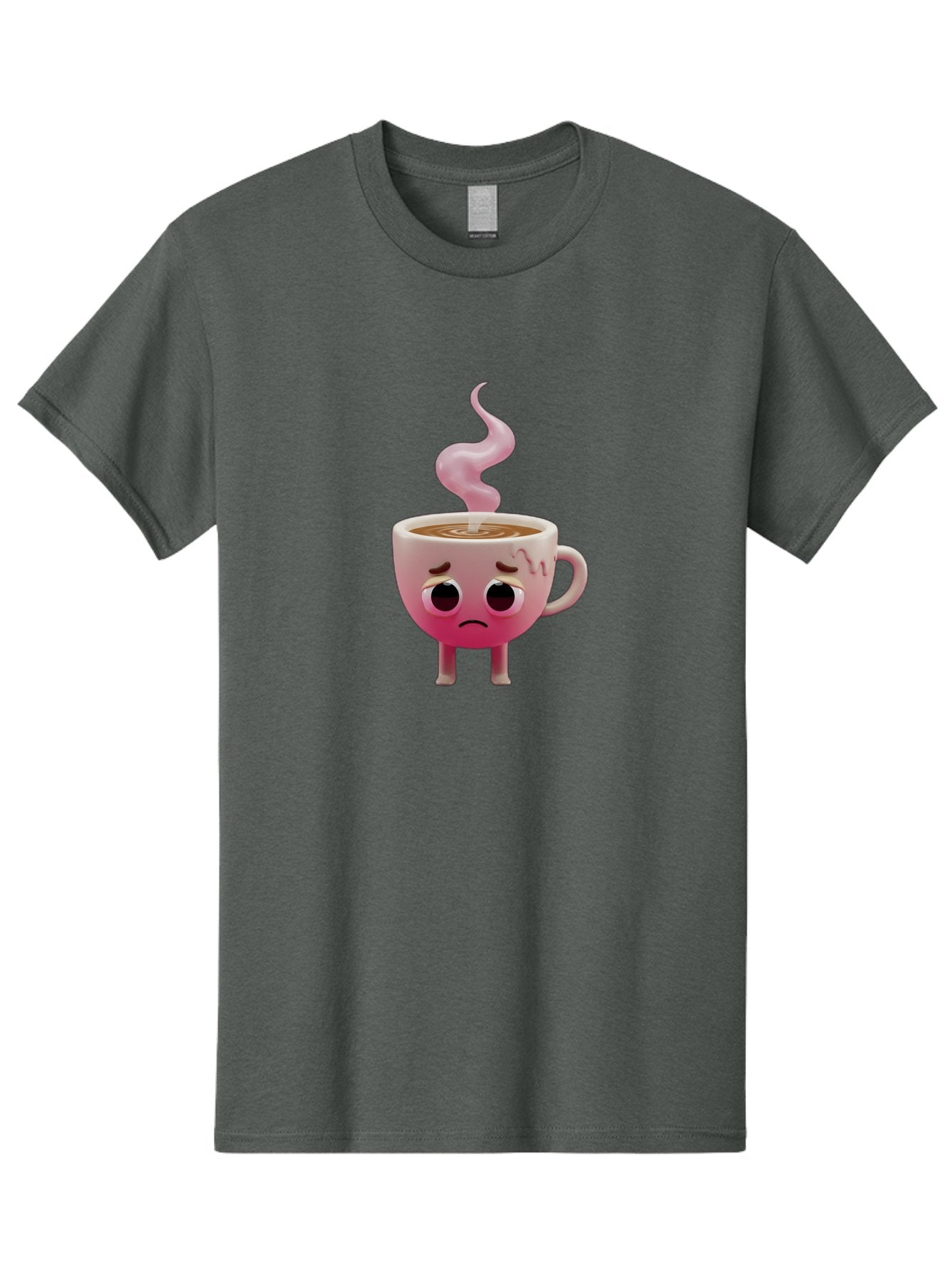 Sad-Coffee-Cup-1 Men'S Graphic Tee, 100% Cotton, Comfortable Casual Summer Wear, Machine Washable, Cartoon Coffee Cup With Face, Coffee In The Cup, Steaming Hot Beverage, Sad Face Expression, Pink Gradient Color, Quirky Character Design, Bae730 11