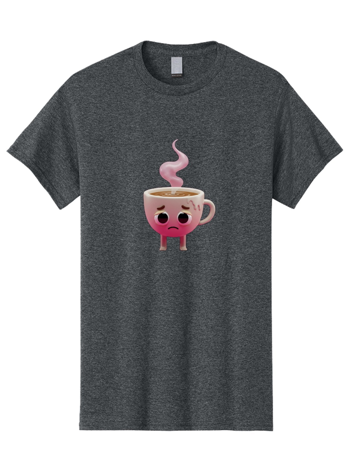 Sad-Coffee-Cup-1 Men'S Graphic Tee, 100% Cotton, Comfortable Casual Summer Wear, Machine Washable, Cartoon Coffee Cup With Face, Coffee In The Cup, Steaming Hot Beverage, Sad Face Expression, Pink Gradient Color, Quirky Character Design, Bae730 12