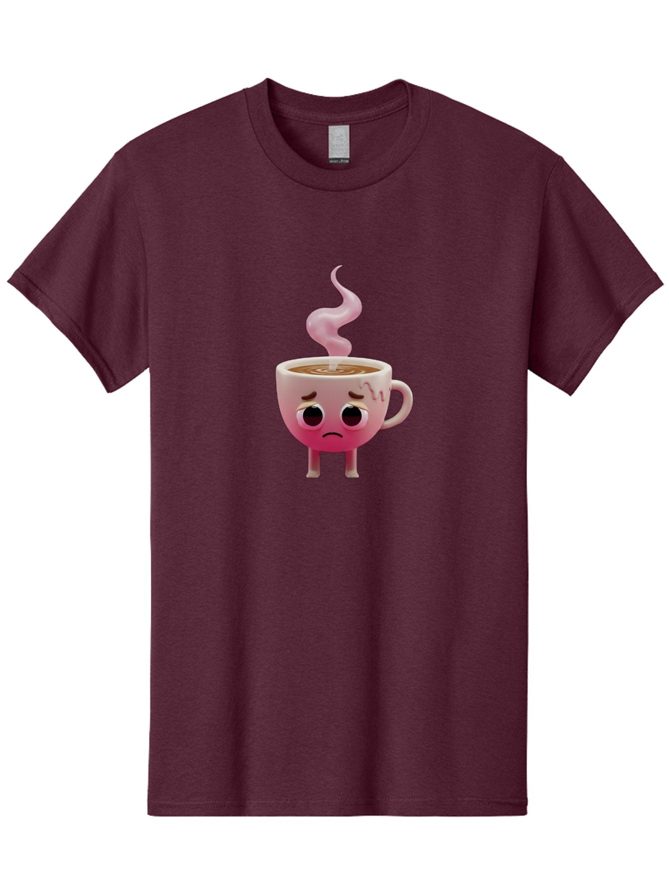 Sad-Coffee-Cup-1 Men'S Graphic Tee, 100% Cotton, Comfortable Casual Summer Wear, Machine Washable, Cartoon Coffee Cup With Face, Coffee In The Cup, Steaming Hot Beverage, Sad Face Expression, Pink Gradient Color, Quirky Character Design, Bae730 8