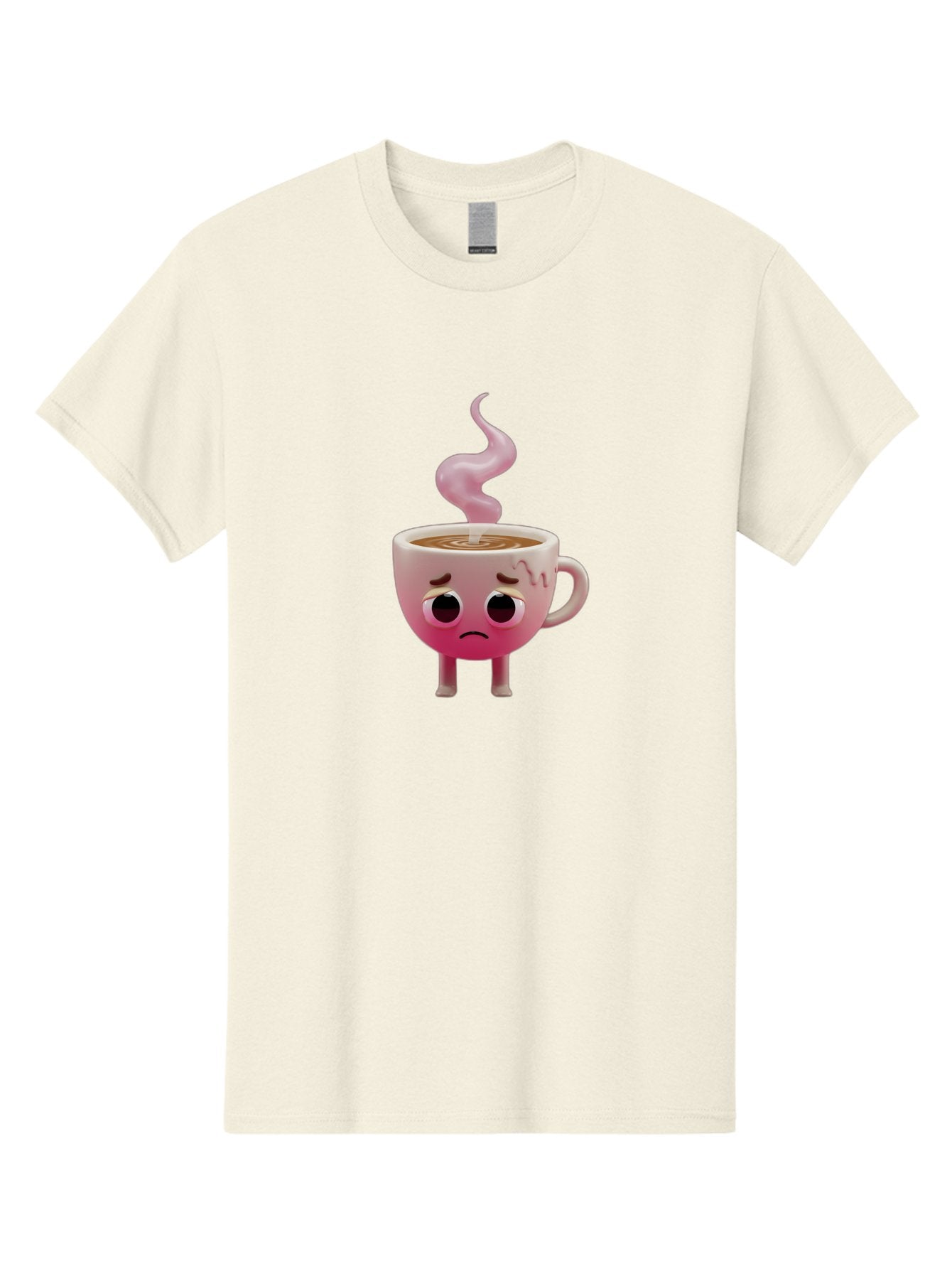 Sad-Coffee-Cup-1 Men'S Graphic Tee, 100% Cotton, Comfortable Casual Summer Wear, Machine Washable, Cartoon Coffee Cup With Face, Coffee In The Cup, Steaming Hot Beverage, Sad Face Expression, Pink Gradient Color, Quirky Character Design, Bae730 10