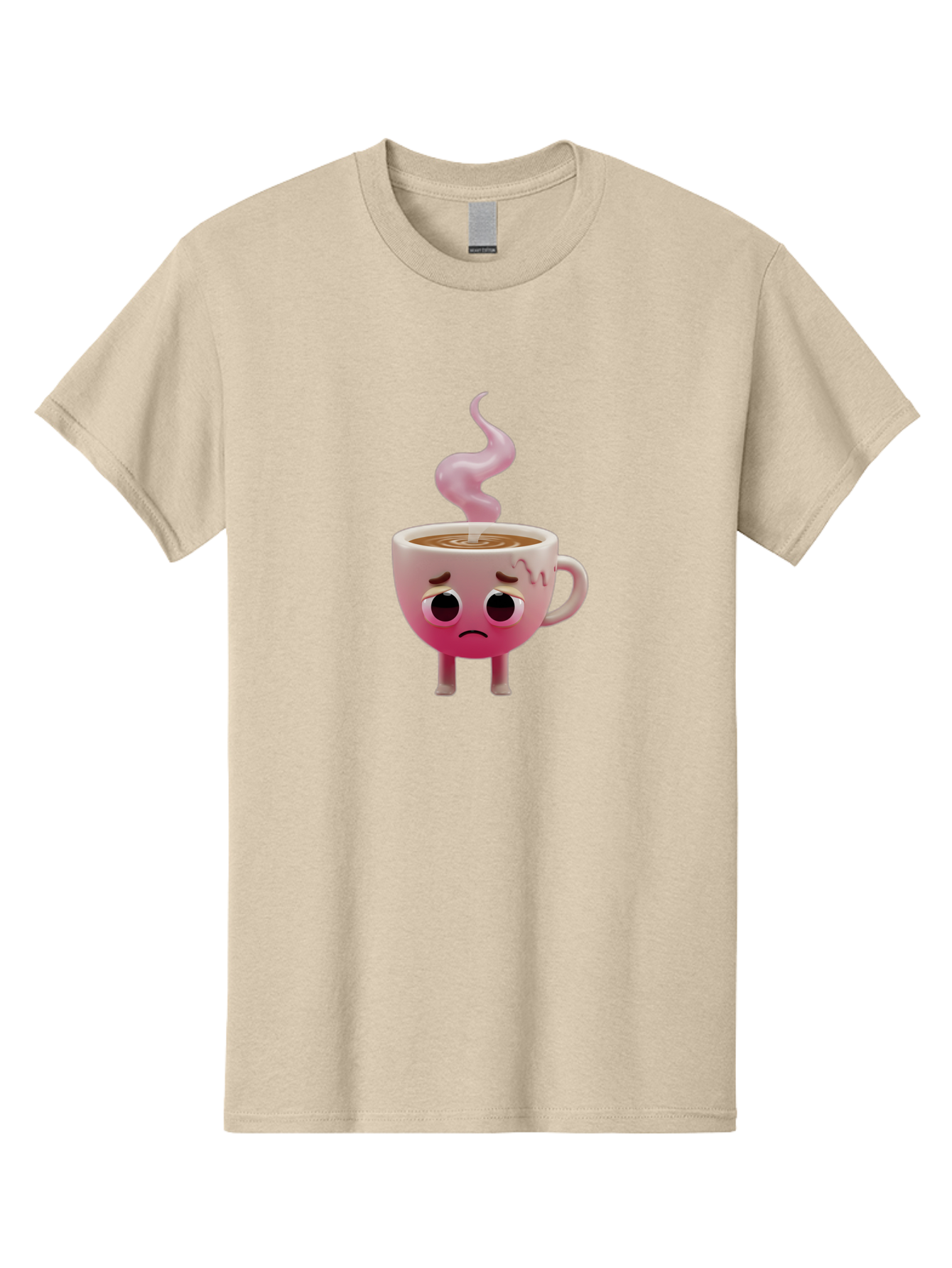 Sad-Coffee-Cup-1 Men'S Graphic Tee, 100% Cotton, Comfortable Casual Summer Wear, Machine Washable, Cartoon Coffee Cup With Face, Coffee In The Cup, Steaming Hot Beverage, Sad Face Expression, Pink Gradient Color, Quirky Character Design, Bae730
