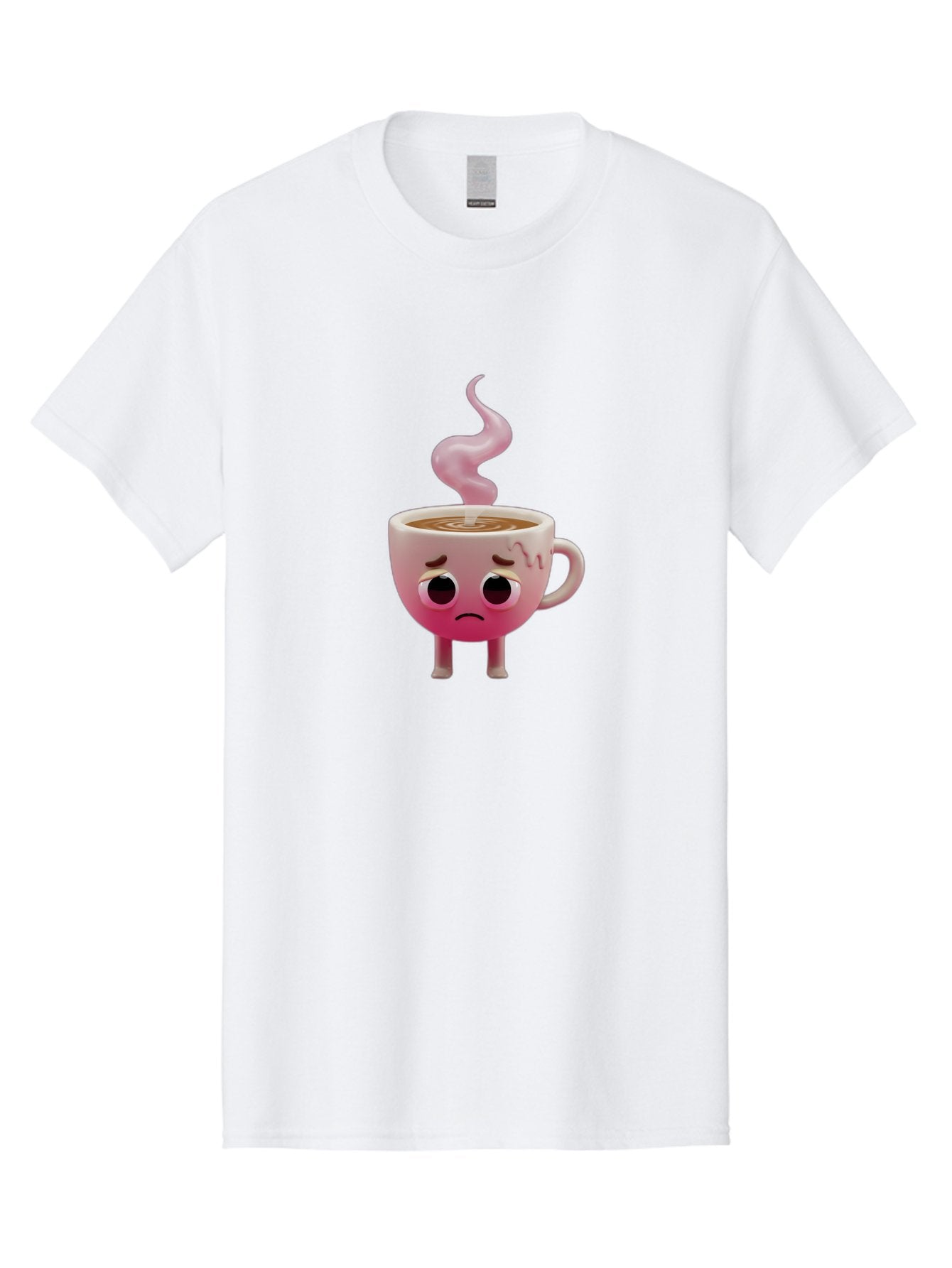 Sad-Coffee-Cup-1 Men'S Graphic Tee, 100% Cotton, Comfortable Casual Summer Wear, Machine Washable, Cartoon Coffee Cup With Face, Coffee In The Cup, Steaming Hot Beverage, Sad Face Expression, Pink Gradient Color, Quirky Character Design, Bae730 9