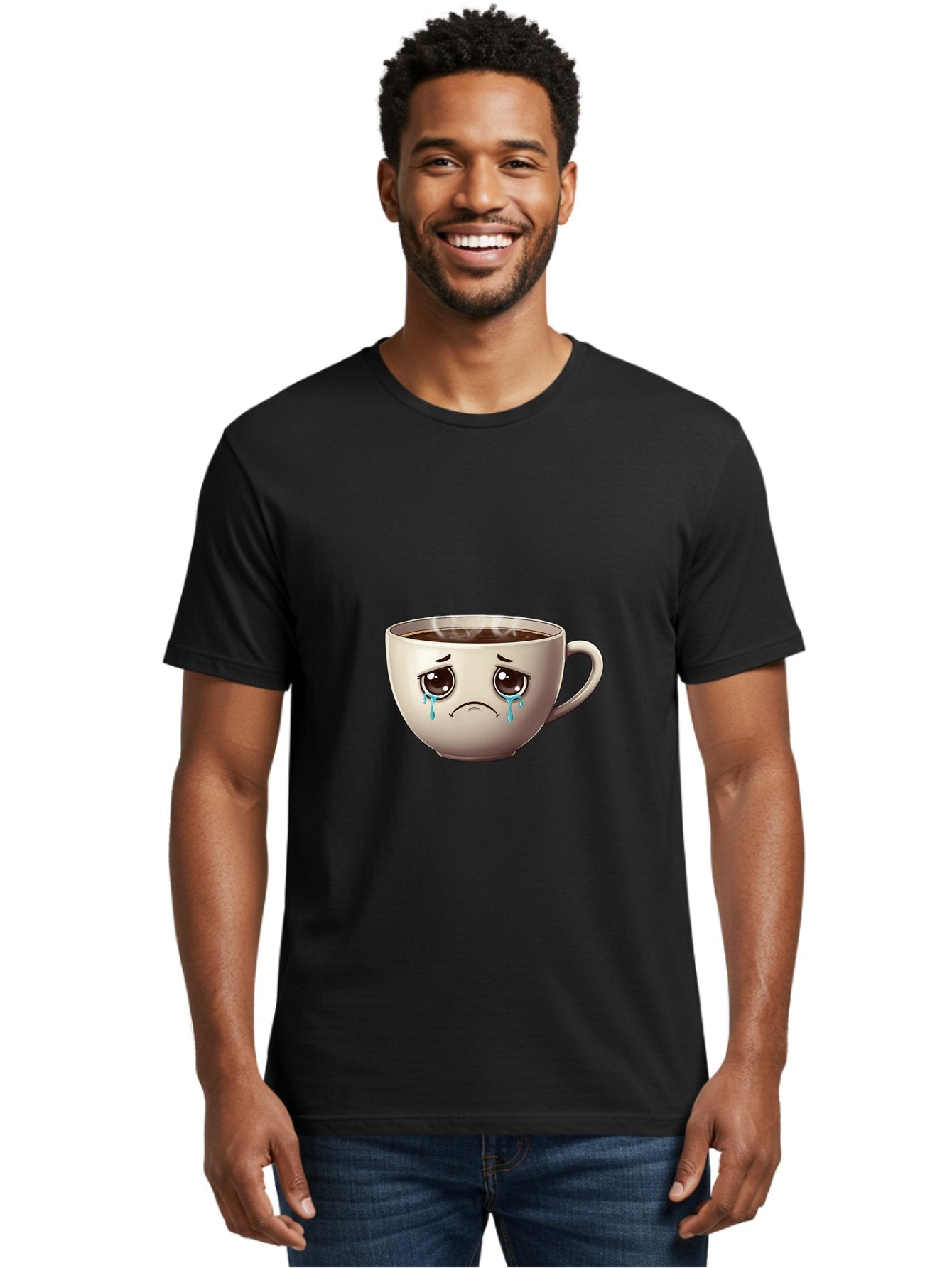 Sad-Coffee-Cup-2 Men'S Graphic Tee, 100% Cotton, Comfortable Casual Summer Wear, Machine Washable, Unhappy Coffee Cup, Sad Face, Crying Emoji, Steaming Hot Coffee, Frowning Face, Emotional Beverage, Coffee Lover'S Distress, Tearful Coffee Cup Bae731 23