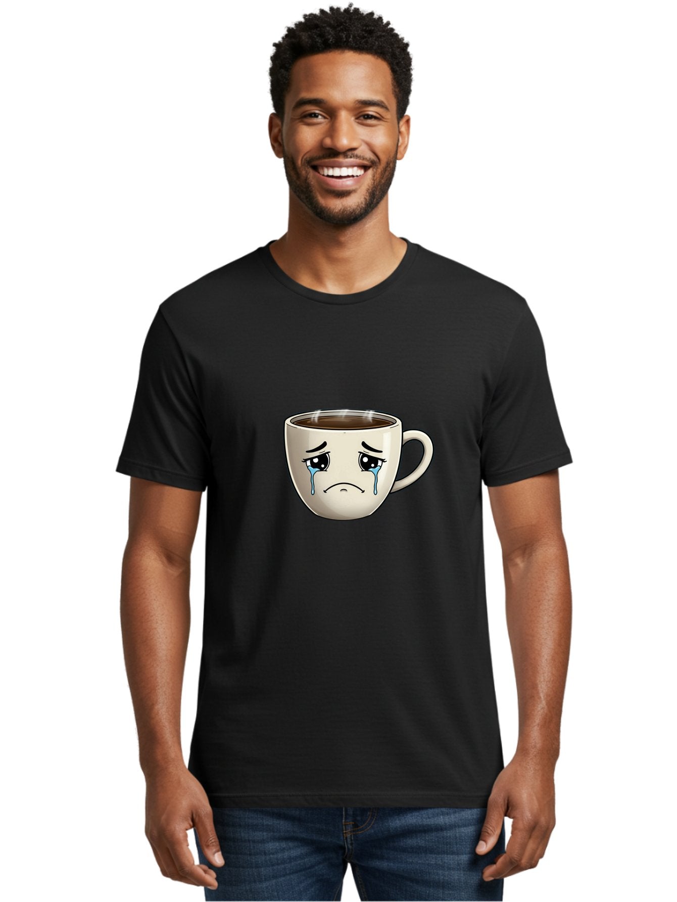 Sad-Coffee-Cup Men'S Graphic Tee, 100% Cotton, Comfortable Casual Summer Wear, Machine Washable, Sad Coffee Cup, Crying Face, Dark Coffee, Steaming Hot, Emotional Expression, Coffee Culture, Sad Face Cartoon, Morning Coffee, Coffee Break Bae733 24