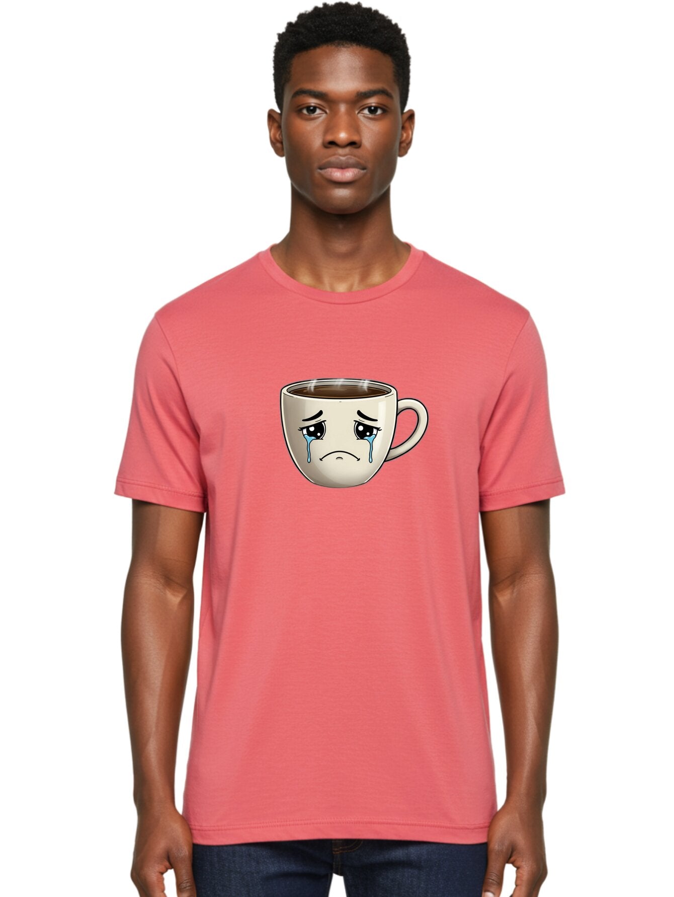 Sad-Coffee-Cup Men'S Graphic Tee, 100% Cotton, Comfortable Casual Summer Wear, Machine Washable, Sad Coffee Cup, Crying Face, Dark Coffee, Steaming Hot, Emotional Expression, Coffee Culture, Sad Face Cartoon, Morning Coffee, Coffee Break Bae733 20
