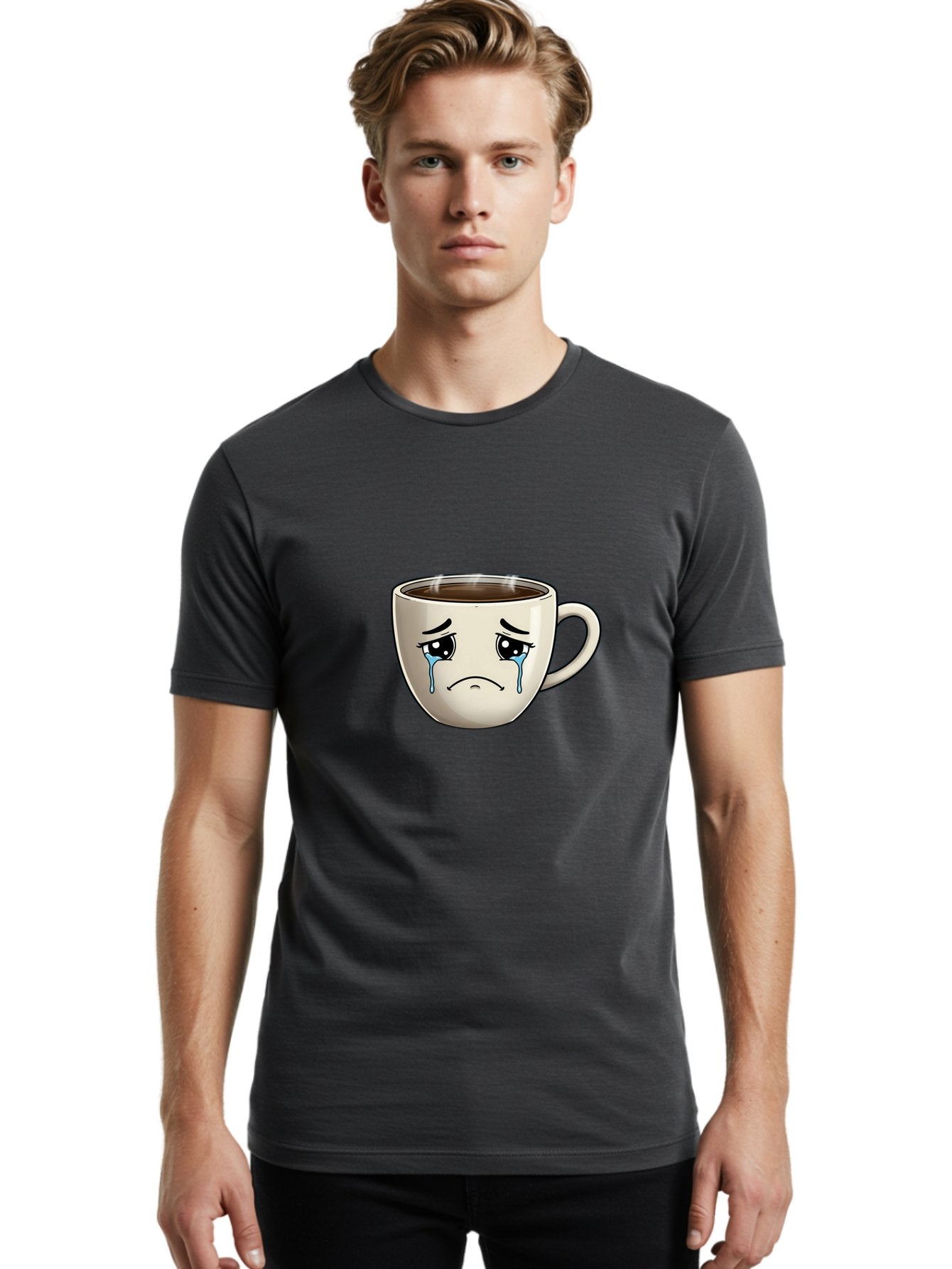 Sad-Coffee-Cup Men'S Graphic Tee, 100% Cotton, Comfortable Casual Summer Wear, Machine Washable, Sad Coffee Cup, Crying Face, Dark Coffee, Steaming Hot, Emotional Expression, Coffee Culture, Sad Face Cartoon, Morning Coffee, Coffee Break Bae733 23