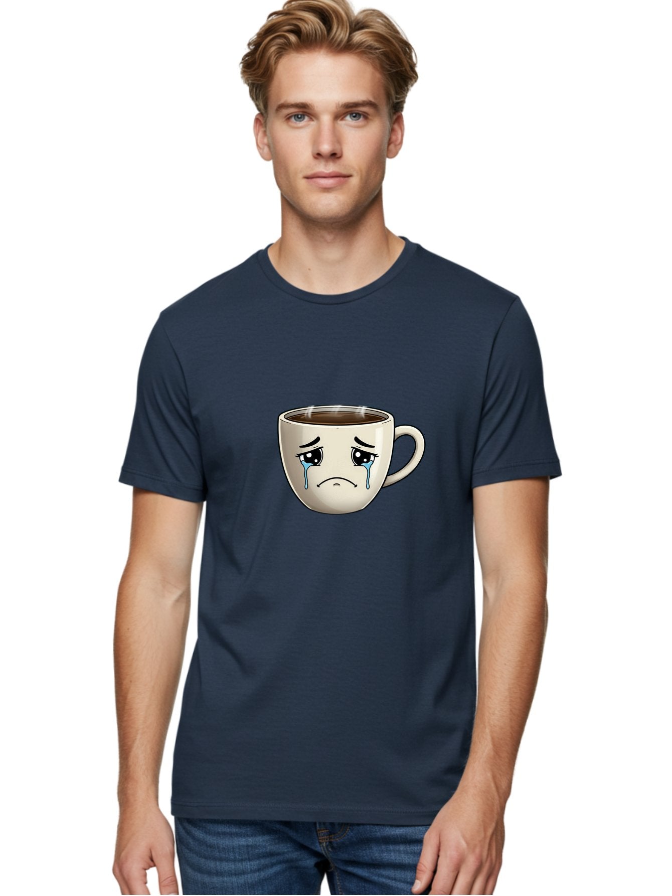 Sad-Coffee-Cup Men'S Graphic Tee, 100% Cotton, Comfortable Casual Summer Wear, Machine Washable, Sad Coffee Cup, Crying Face, Dark Coffee, Steaming Hot, Emotional Expression, Coffee Culture, Sad Face Cartoon, Morning Coffee, Coffee Break Bae733 26