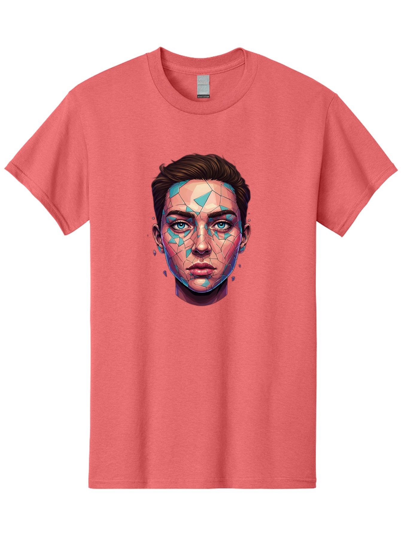 Shards-Portrait Men'S Graphic Tee, 100% Cotton, Comfortable Casual Summer Wear, Machine Washable, Shattered Face, Broken Glass, Blue Shards, Fragmented Identity, Abstract Art, Surrealism, Vibrant Colors, Emotional Distress, Mental Health Bae735 6