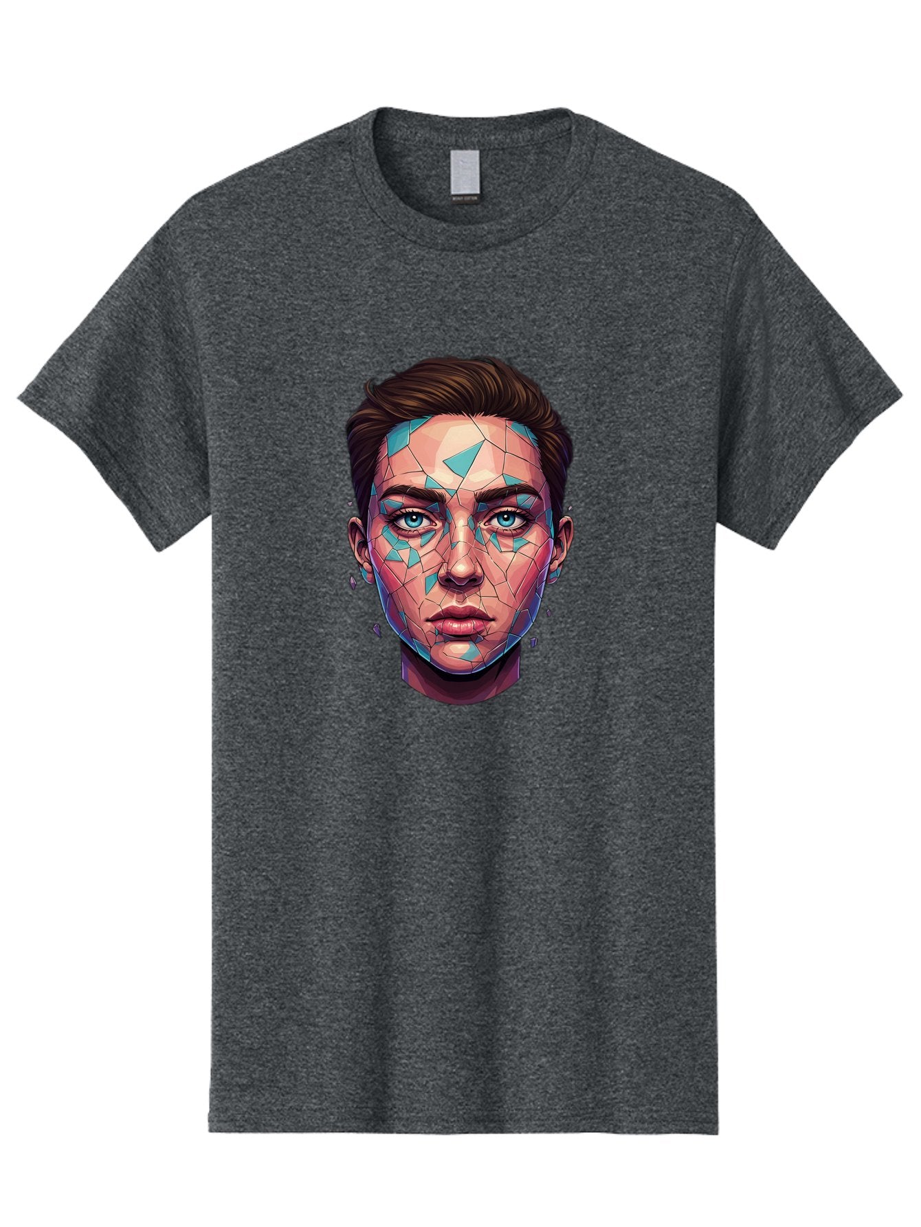Shards-Portrait Men'S Graphic Tee, 100% Cotton, Comfortable Casual Summer Wear, Machine Washable, Shattered Face, Broken Glass, Blue Shards, Fragmented Identity, Abstract Art, Surrealism, Vibrant Colors, Emotional Distress, Mental Health Bae735 7