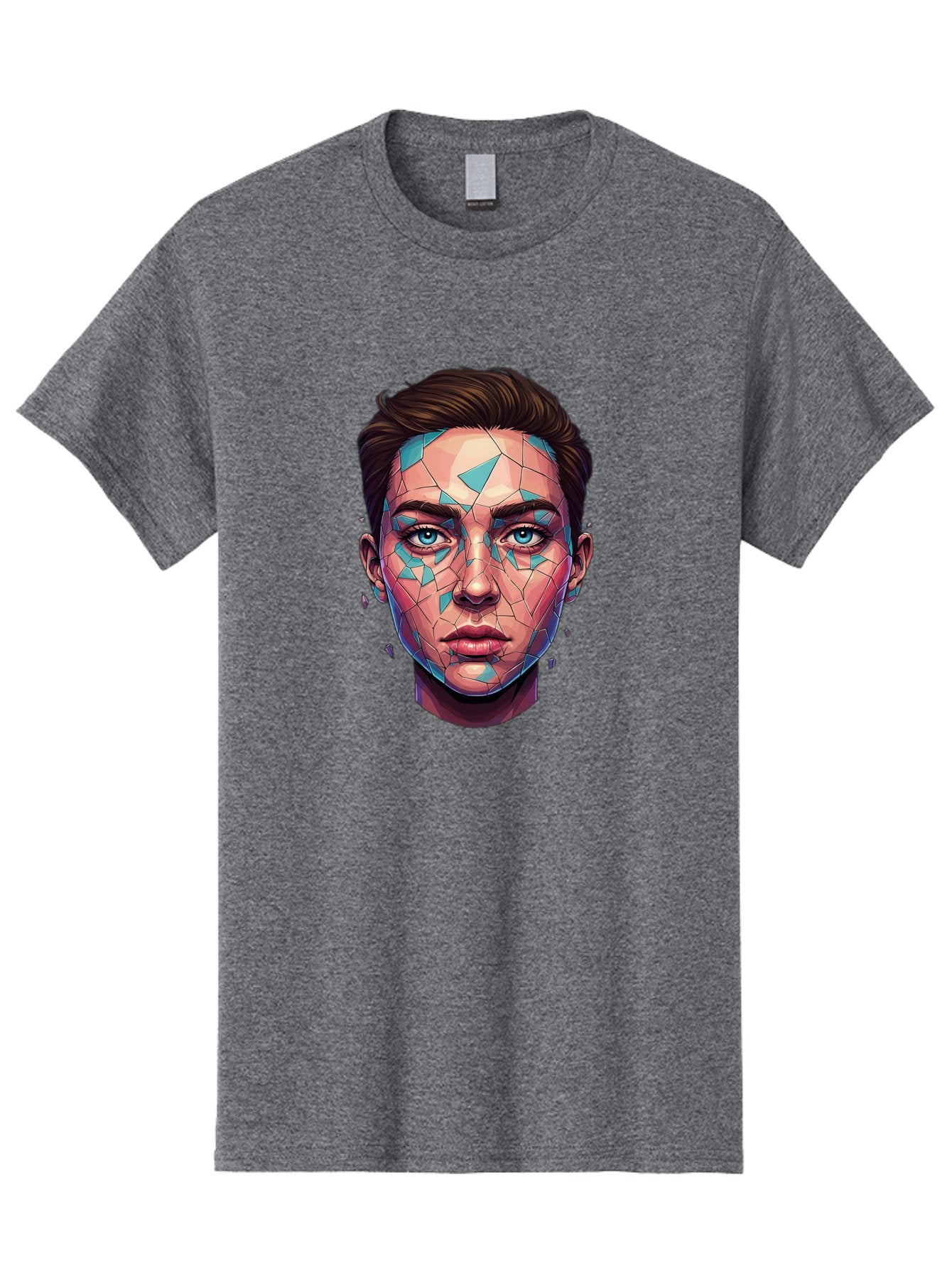 Shards-Portrait Men'S Graphic Tee, 100% Cotton, Comfortable Casual Summer Wear, Machine Washable, Shattered Face, Broken Glass, Blue Shards, Fragmented Identity, Abstract Art, Surrealism, Vibrant Colors, Emotional Distress, Mental Health Bae735 9