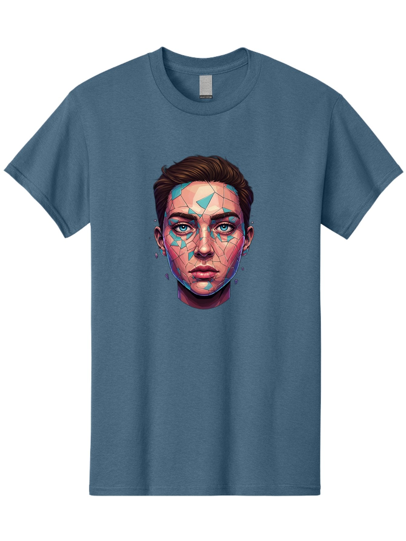 Shards-Portrait Men'S Graphic Tee, 100% Cotton, Comfortable Casual Summer Wear, Machine Washable, Shattered Face, Broken Glass, Blue Shards, Fragmented Identity, Abstract Art, Surrealism, Vibrant Colors, Emotional Distress, Mental Health Bae735 12