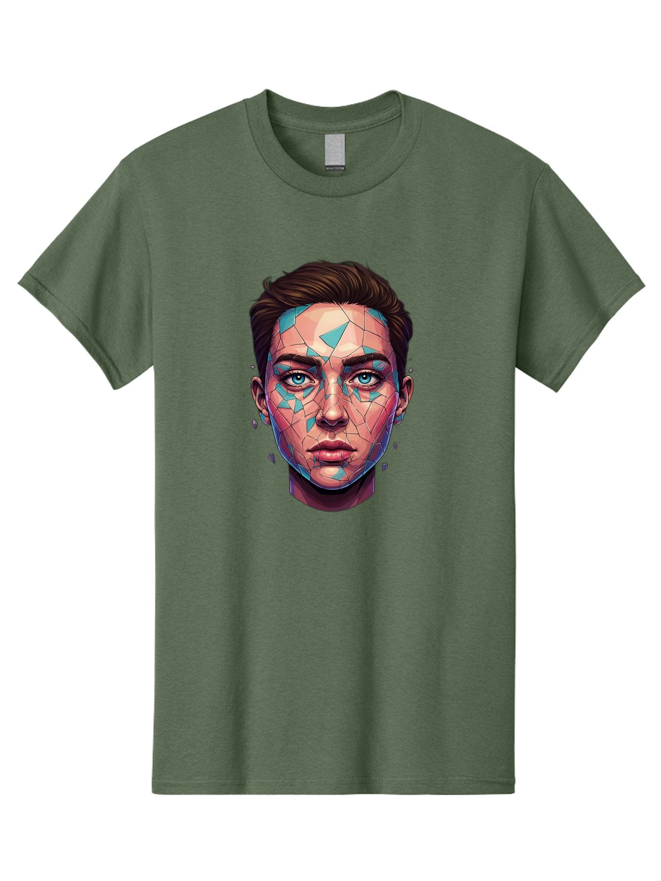 Shards-Portrait Men'S Graphic Tee, 100% Cotton, Comfortable Casual Summer Wear, Machine Washable, Shattered Face, Broken Glass, Blue Shards, Fragmented Identity, Abstract Art, Surrealism, Vibrant Colors, Emotional Distress, Mental Health Bae735 13
