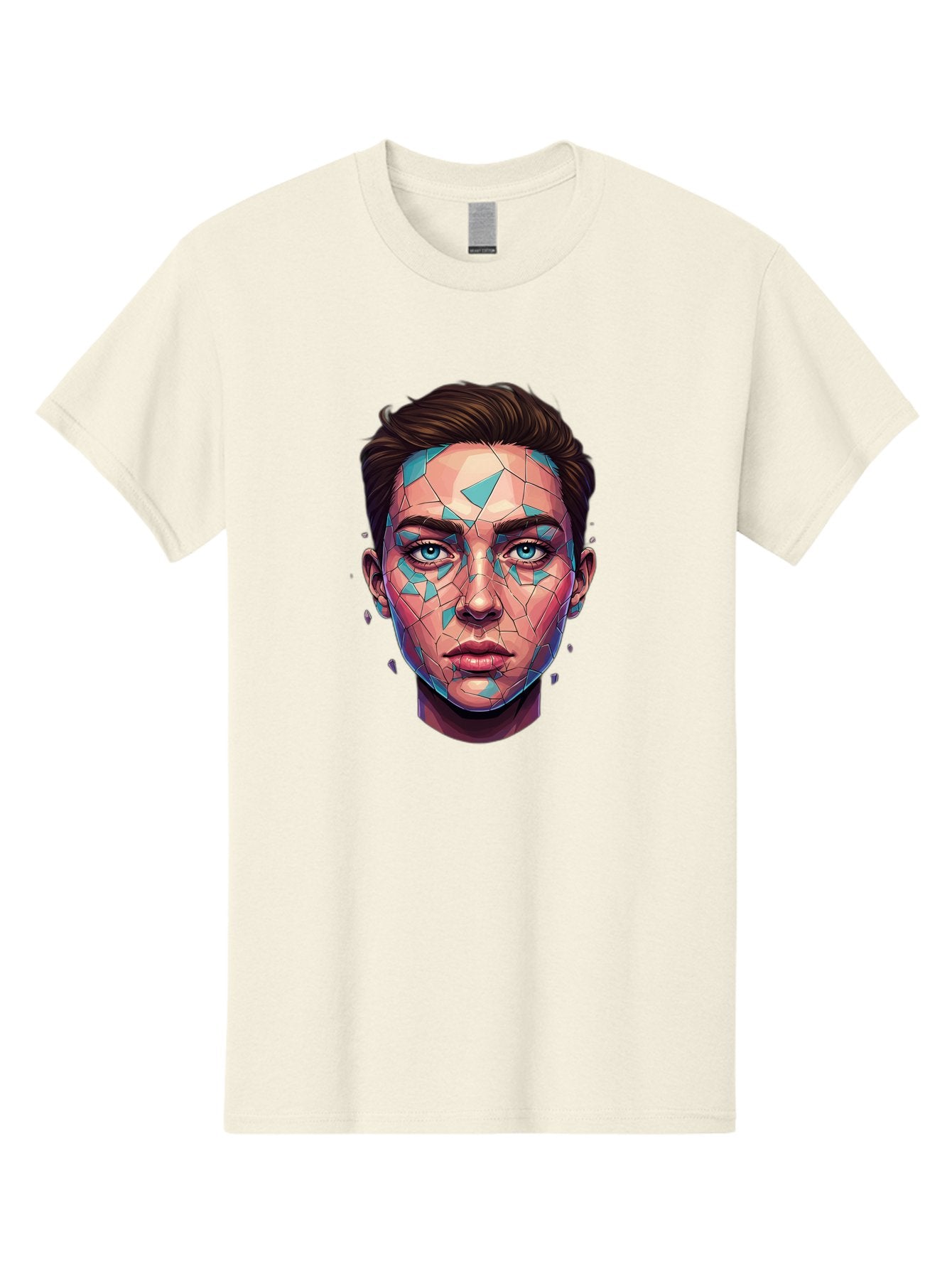 Shards-Portrait Men'S Graphic Tee, 100% Cotton, Comfortable Casual Summer Wear, Machine Washable, Shattered Face, Broken Glass, Blue Shards, Fragmented Identity, Abstract Art, Surrealism, Vibrant Colors, Emotional Distress, Mental Health Bae735 5