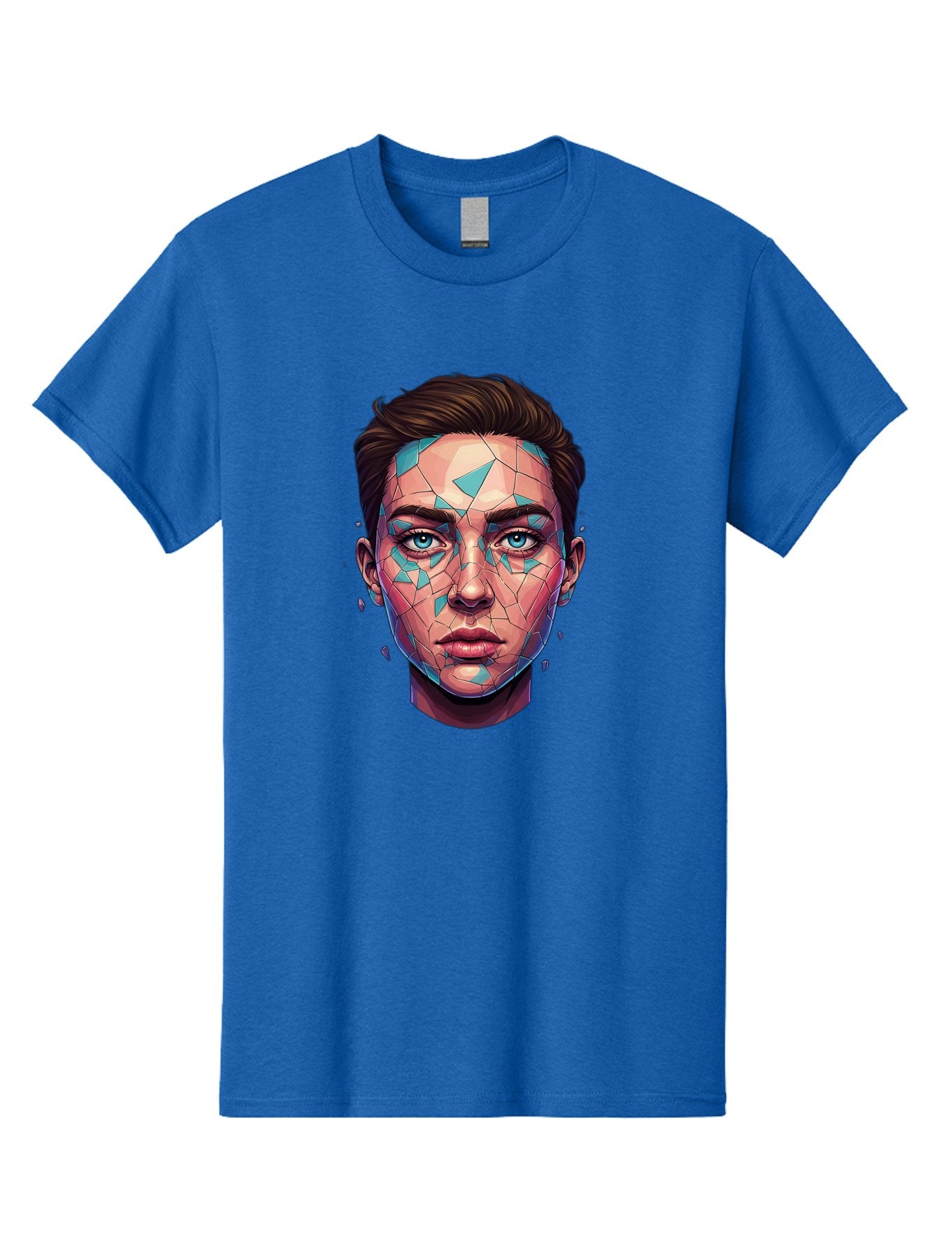 Shards-Portrait Men'S Graphic Tee, 100% Cotton, Comfortable Casual Summer Wear, Machine Washable, Shattered Face, Broken Glass, Blue Shards, Fragmented Identity, Abstract Art, Surrealism, Vibrant Colors, Emotional Distress, Mental Health Bae735