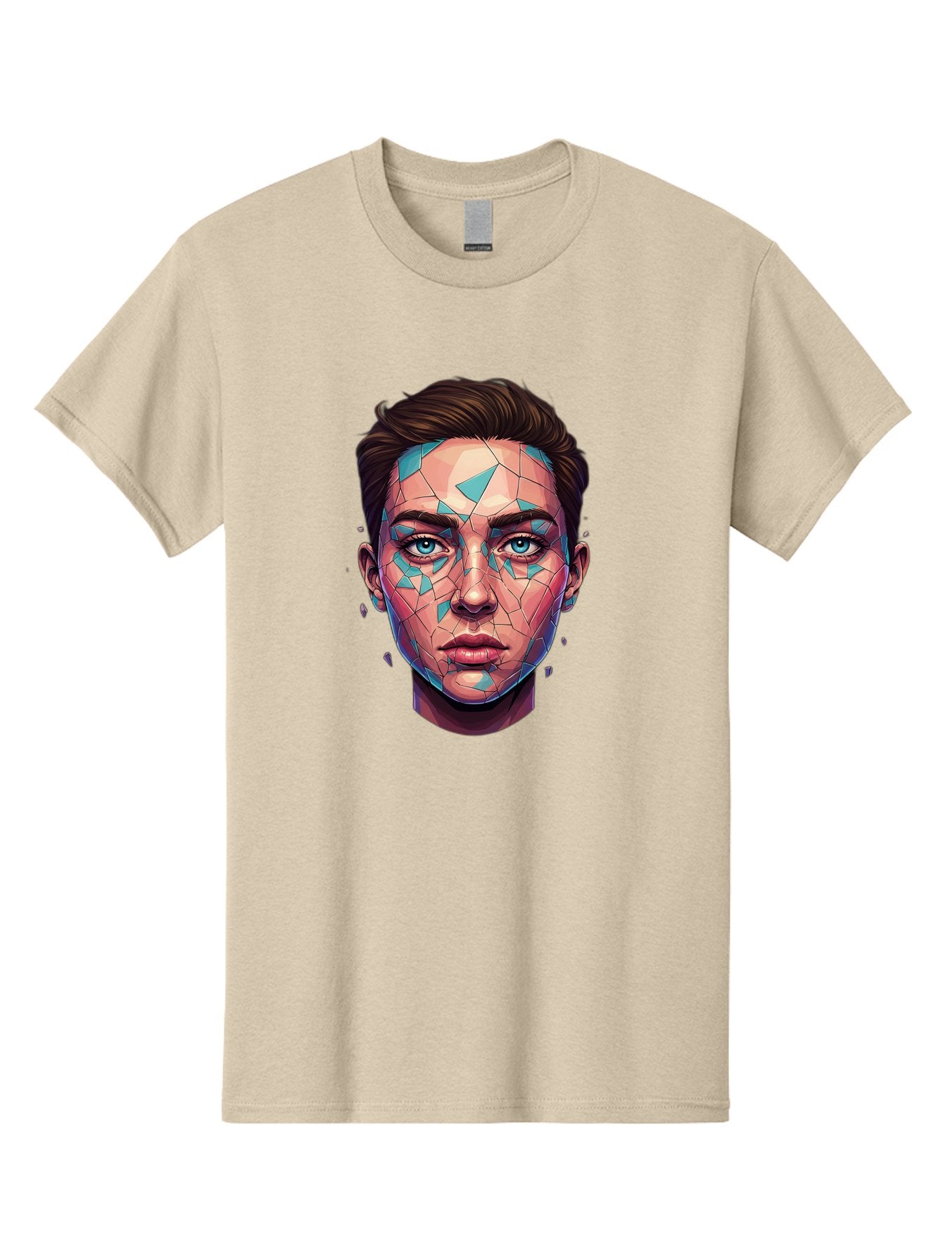 Shards-Portrait Men'S Graphic Tee, 100% Cotton, Comfortable Casual Summer Wear, Machine Washable, Shattered Face, Broken Glass, Blue Shards, Fragmented Identity, Abstract Art, Surrealism, Vibrant Colors, Emotional Distress, Mental Health Bae735 4