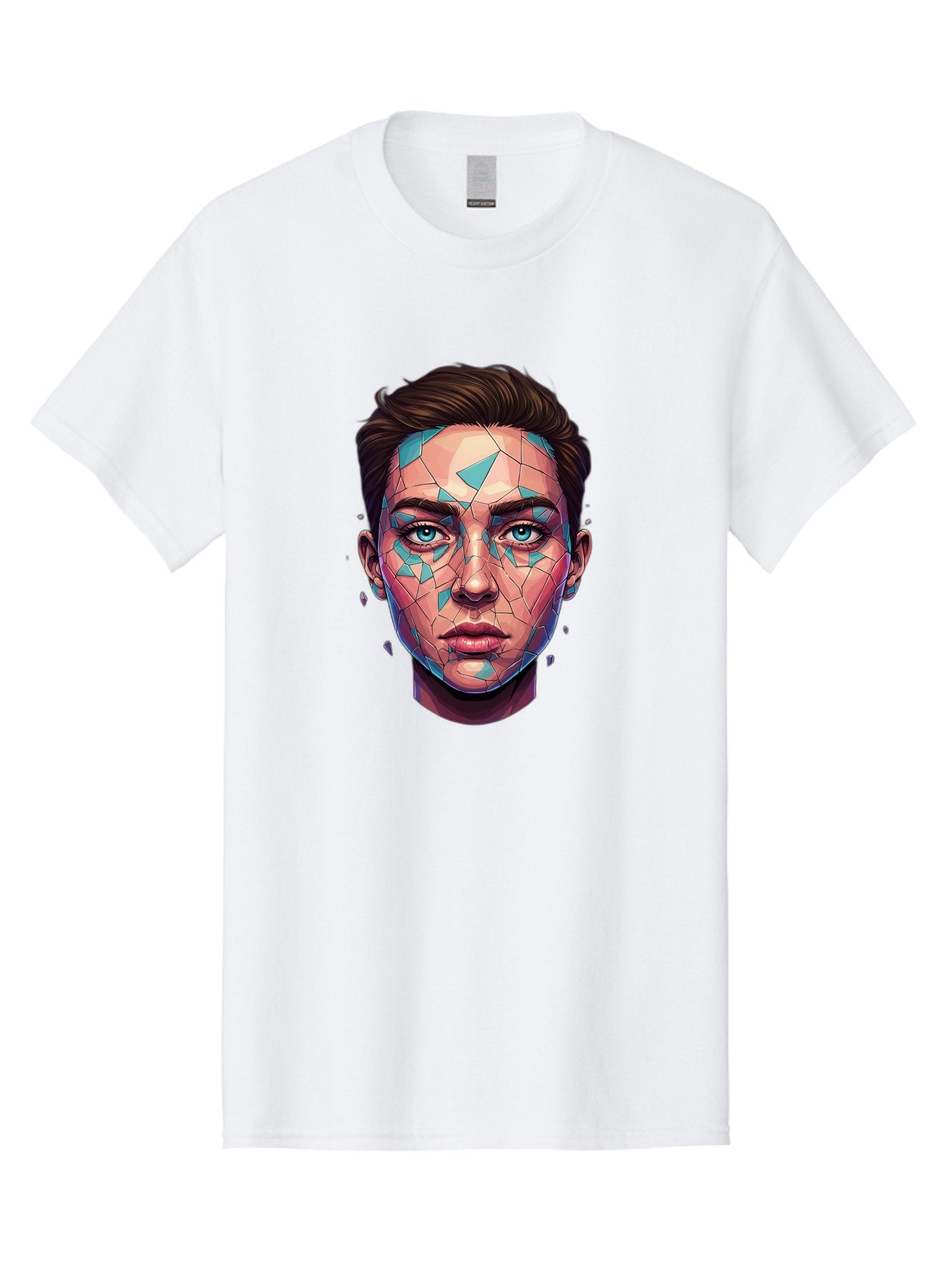 Shards-Portrait Men'S Graphic Tee, 100% Cotton, Comfortable Casual Summer Wear, Machine Washable, Shattered Face, Broken Glass, Blue Shards, Fragmented Identity, Abstract Art, Surrealism, Vibrant Colors, Emotional Distress, Mental Health Bae735 14