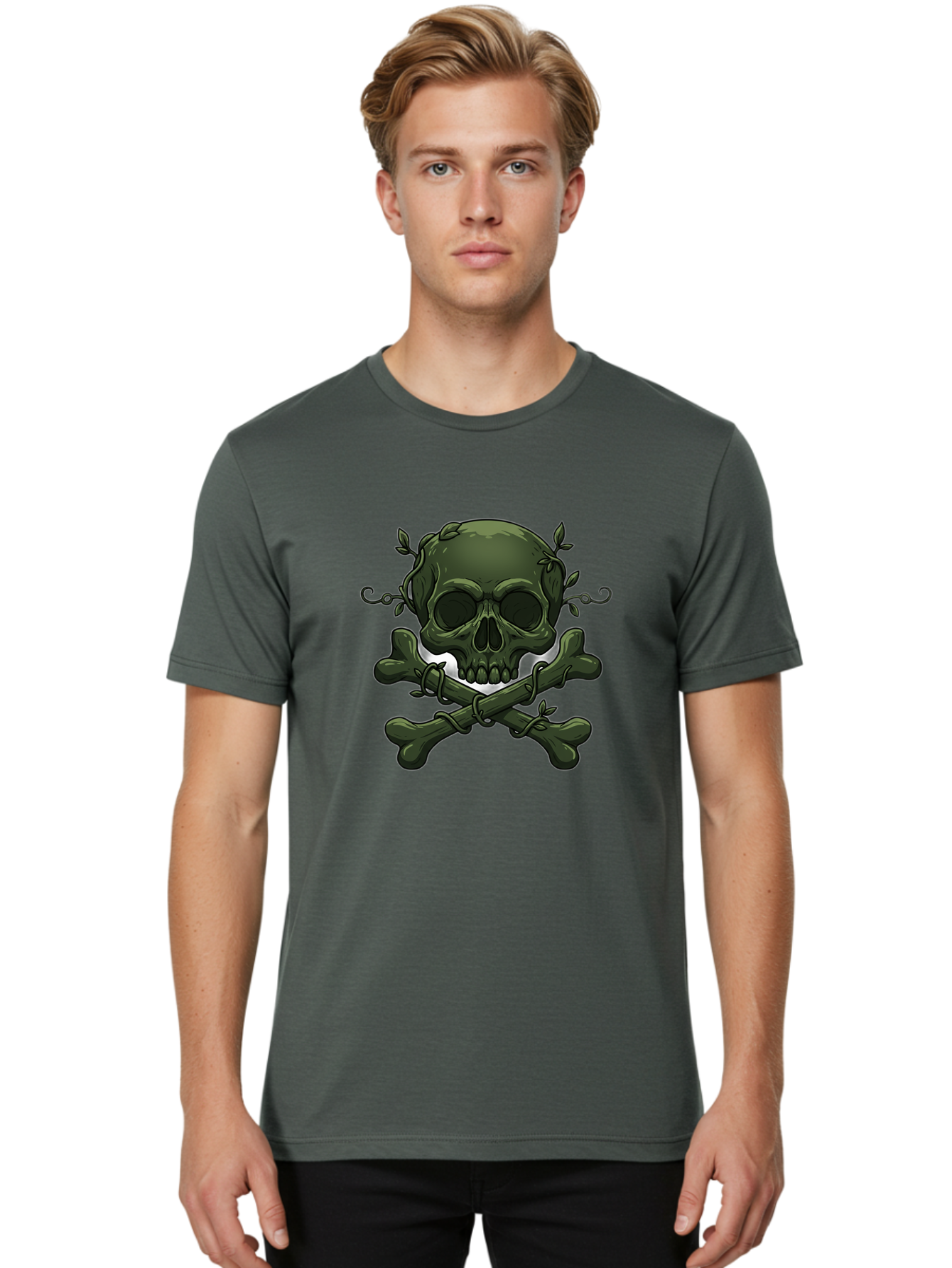Skull-And-Crossbones-1 Men'S Graphic Tee, 100% Cotton, Comfortable Casual Summer Wear, Machine Washable, Skull And Crossbones, Pirate Symbol, Dark Art, Gothic Design, Skull With Vines, Crossbones With Leaves, Edgy Aesthetic, Grunge Style, Bae737 21