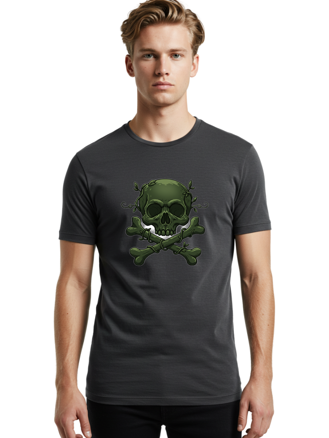 Skull-And-Crossbones-1 Men'S Graphic Tee, 100% Cotton, Comfortable Casual Summer Wear, Machine Washable, Skull And Crossbones, Pirate Symbol, Dark Art, Gothic Design, Skull With Vines, Crossbones With Leaves, Edgy Aesthetic, Grunge Style, Bae737 28