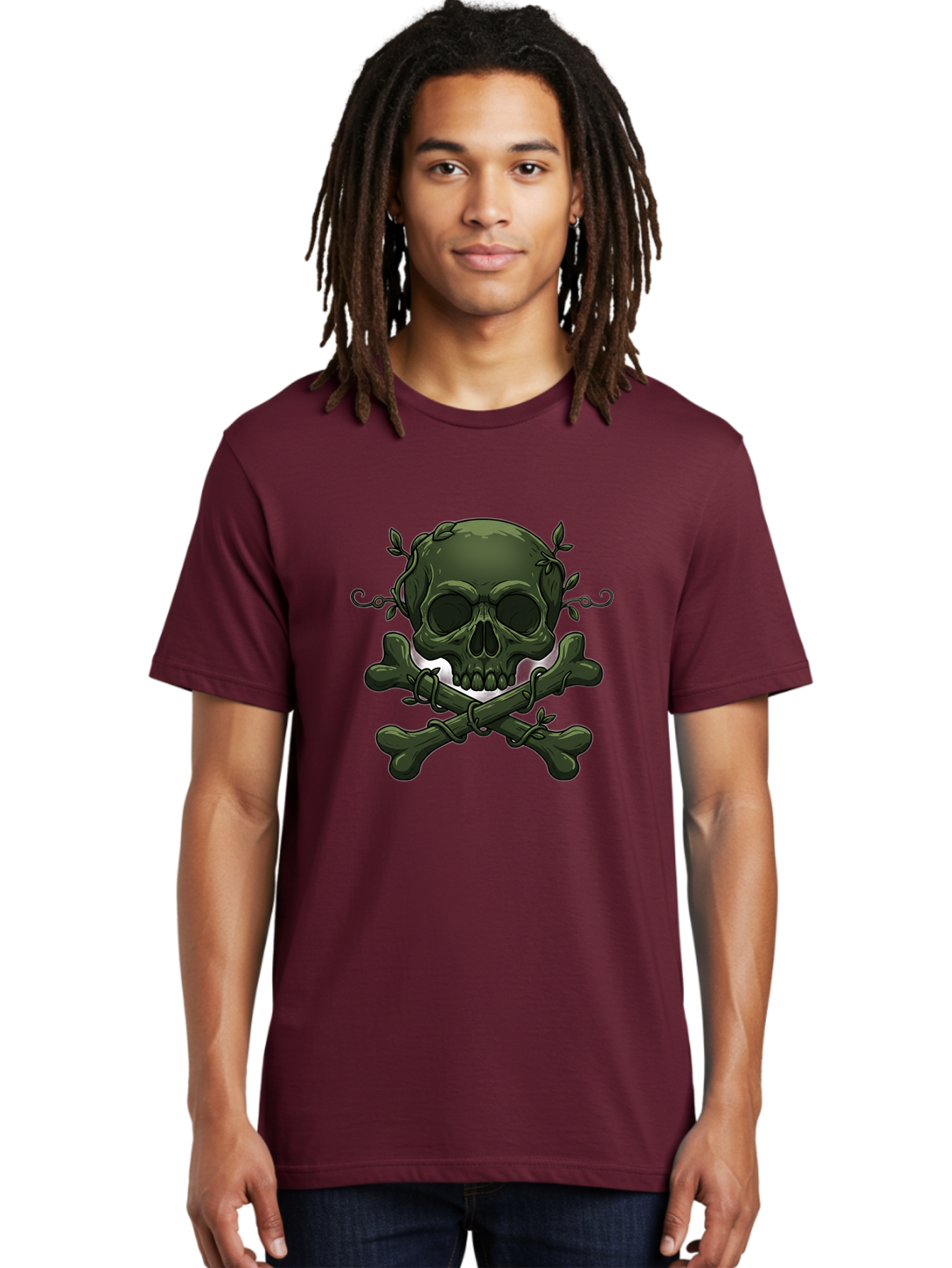 Skull-And-Crossbones-1 Men'S Graphic Tee, 100% Cotton, Comfortable Casual Summer Wear, Machine Washable, Skull And Crossbones, Pirate Symbol, Dark Art, Gothic Design, Skull With Vines, Crossbones With Leaves, Edgy Aesthetic, Grunge Style, Bae737 25