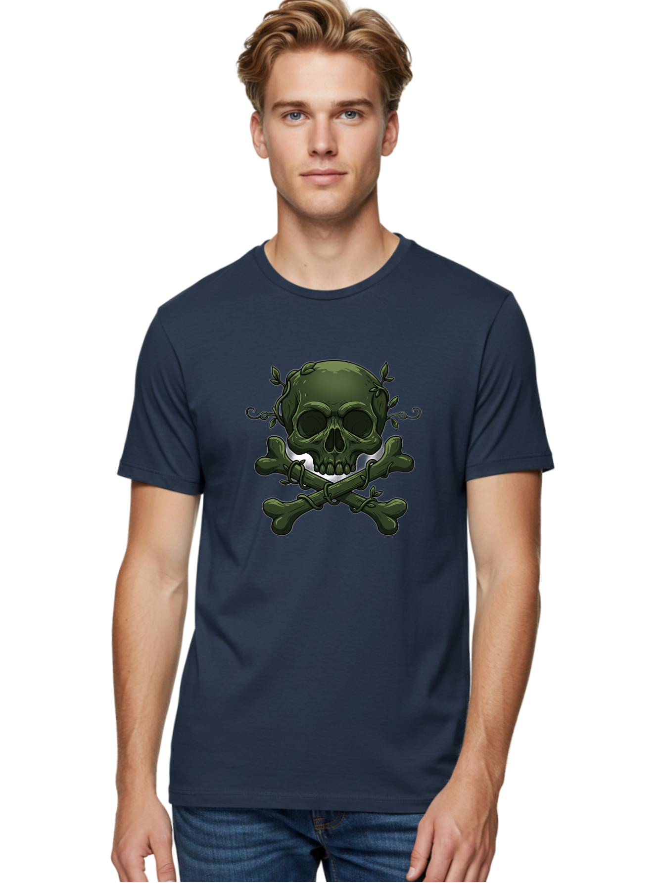 Skull-And-Crossbones-1 Men'S Graphic Tee, 100% Cotton, Comfortable Casual Summer Wear, Machine Washable, Skull And Crossbones, Pirate Symbol, Dark Art, Gothic Design, Skull With Vines, Crossbones With Leaves, Edgy Aesthetic, Grunge Style, Bae737 22