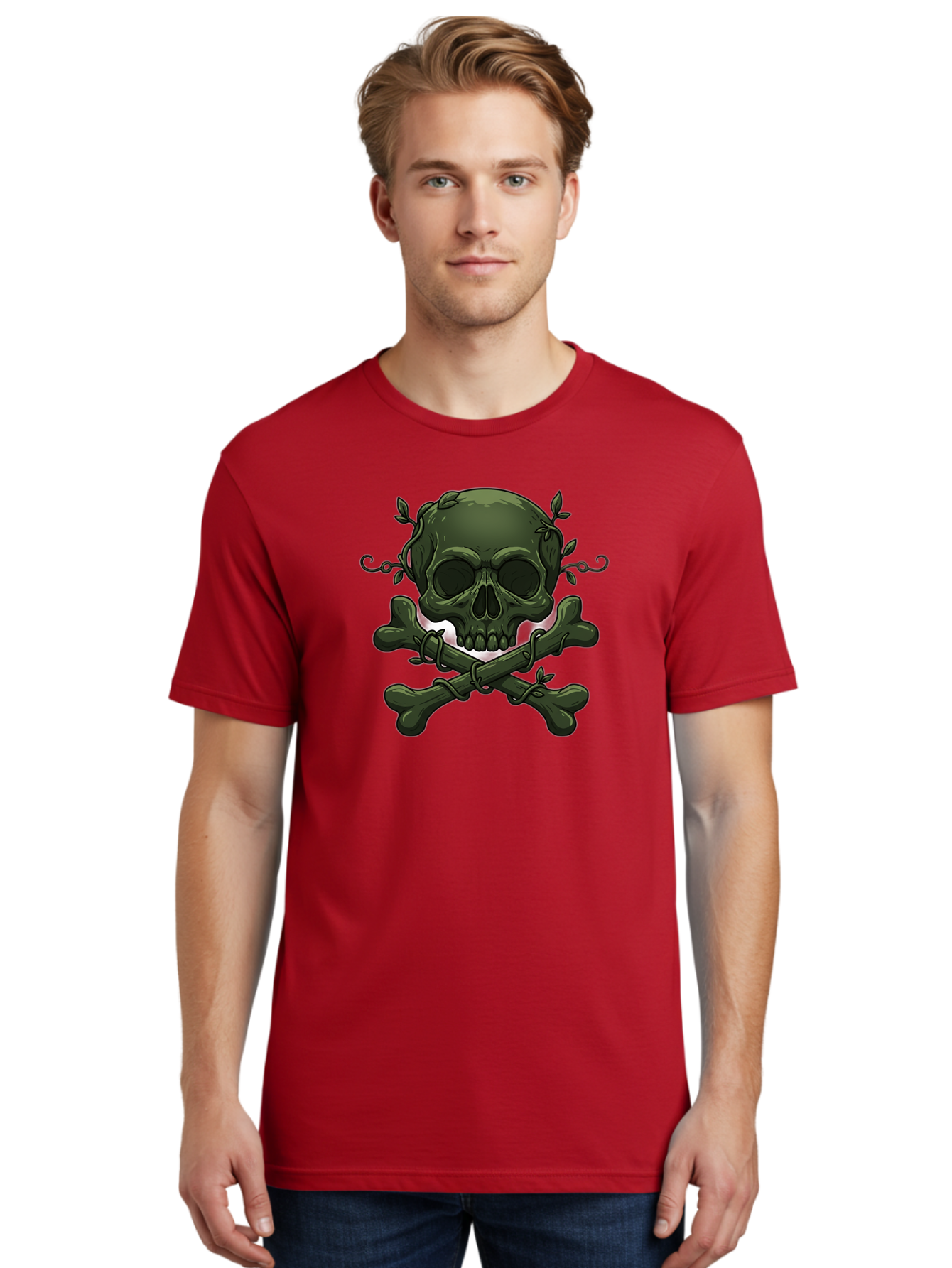 Skull-And-Crossbones-1 Men'S Graphic Tee, 100% Cotton, Comfortable Casual Summer Wear, Machine Washable, Skull And Crossbones, Pirate Symbol, Dark Art, Gothic Design, Skull With Vines, Crossbones With Leaves, Edgy Aesthetic, Grunge Style, Bae737 23
