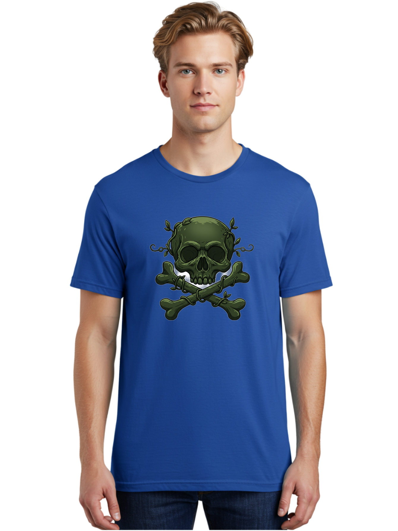 Skull-And-Crossbones-1 Men'S Graphic Tee, 100% Cotton, Comfortable Casual Summer Wear, Machine Washable, Skull And Crossbones, Pirate Symbol, Dark Art, Gothic Design, Skull With Vines, Crossbones With Leaves, Edgy Aesthetic, Grunge Style, Bae737 24