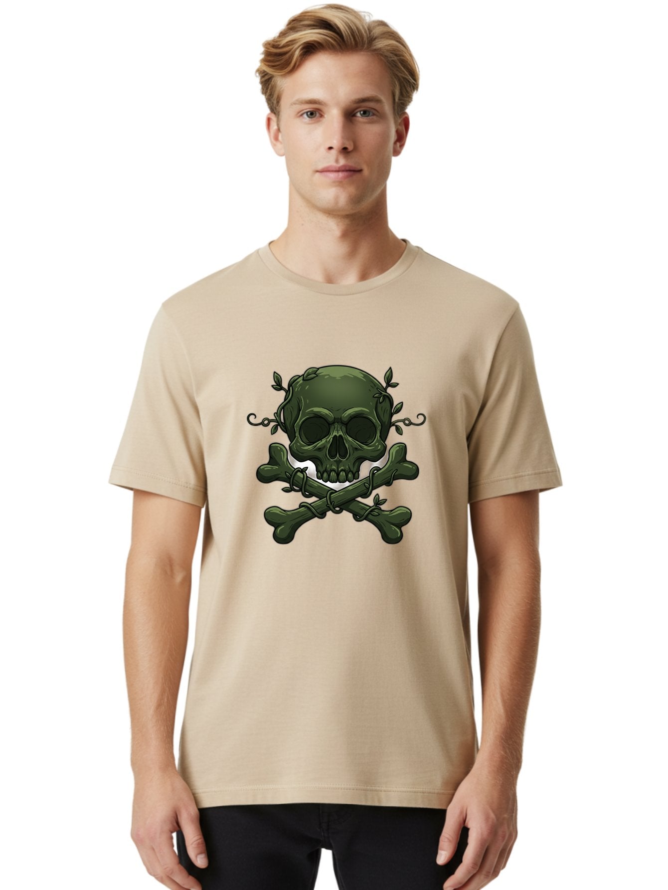 Skull-And-Crossbones-1 Men'S Graphic Tee, 100% Cotton, Comfortable Casual Summer Wear, Machine Washable, Skull And Crossbones, Pirate Symbol, Dark Art, Gothic Design, Skull With Vines, Crossbones With Leaves, Edgy Aesthetic, Grunge Style, Bae737 20