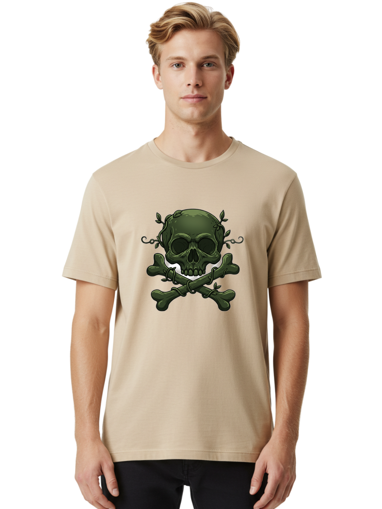Skull-And-Crossbones-1 Men'S Graphic Tee, 100% Cotton, Comfortable Casual Summer Wear, Machine Washable, Skull And Crossbones, Pirate Symbol, Dark Art, Gothic Design, Skull With Vines, Crossbones With Leaves, Edgy Aesthetic, Grunge Style, Bae737 30