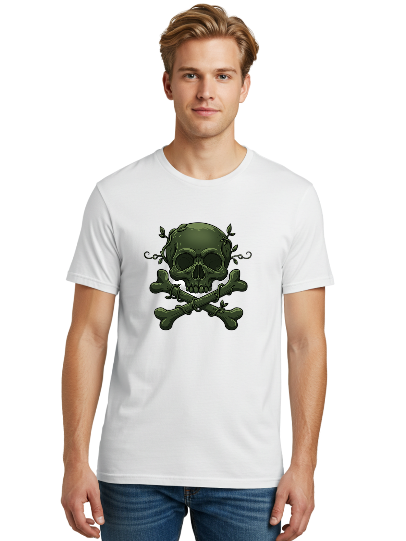 Skull-And-Crossbones-1 Men'S Graphic Tee, 100% Cotton, Comfortable Casual Summer Wear, Machine Washable, Skull And Crossbones, Pirate Symbol, Dark Art, Gothic Design, Skull With Vines, Crossbones With Leaves, Edgy Aesthetic, Grunge Style, Bae737 17