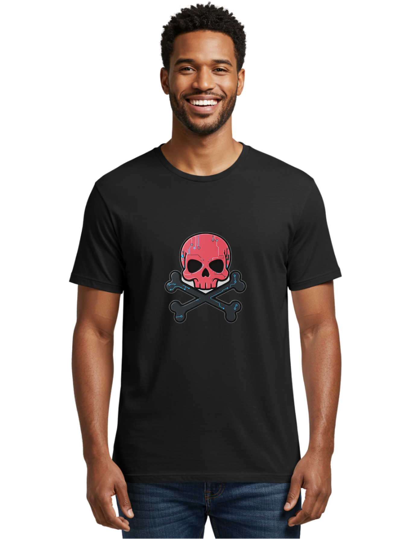 Skull-And-Crossbones-2 Men'S Graphic Tee, 100% Cotton, Comfortable Casual Summer Wear, Machine Washable, Futuristic Skull, Crossbones, Cyberpunk Design, Electronic Circuits, Red Skull, Black Bones, Sci-Fi Elements, Tech-Inspired Art, Bae738 22