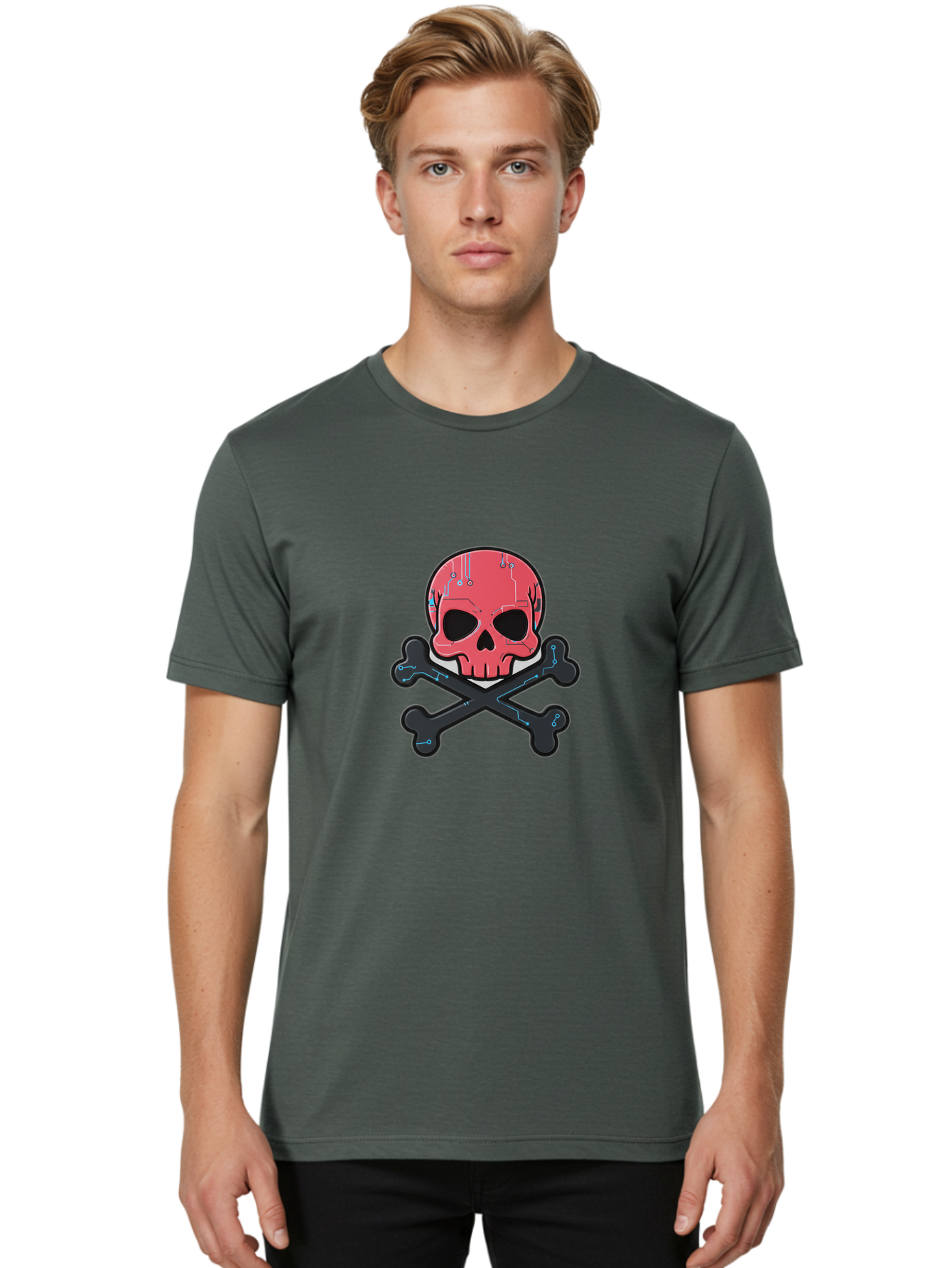 Skull-And-Crossbones-2 Men'S Graphic Tee, 100% Cotton, Comfortable Casual Summer Wear, Machine Washable, Futuristic Skull, Crossbones, Cyberpunk Design, Electronic Circuits, Red Skull, Black Bones, Sci-Fi Elements, Tech-Inspired Art, Bae738 16