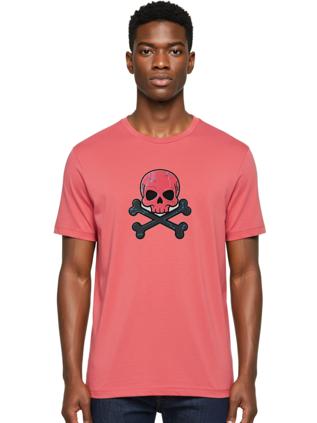 Skull-And-Crossbones-2 Men'S Graphic Tee, 100% Cotton, Comfortable Casual Summer Wear, Machine Washable, Futuristic Skull, Crossbones, Cyberpunk Design, Electronic Circuits, Red Skull, Black Bones, Sci-Fi Elements, Tech-Inspired Art, Bae738 30