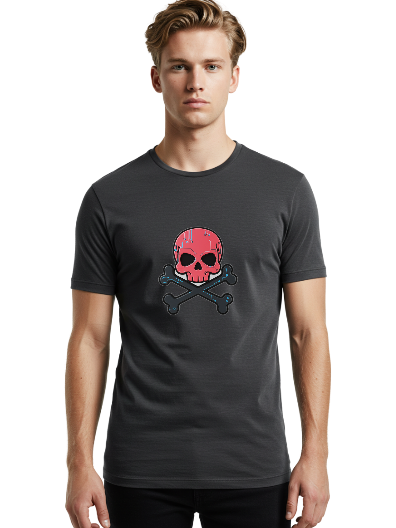 Skull-And-Crossbones-2 Men'S Graphic Tee, 100% Cotton, Comfortable Casual Summer Wear, Machine Washable, Futuristic Skull, Crossbones, Cyberpunk Design, Electronic Circuits, Red Skull, Black Bones, Sci-Fi Elements, Tech-Inspired Art, Bae738 18