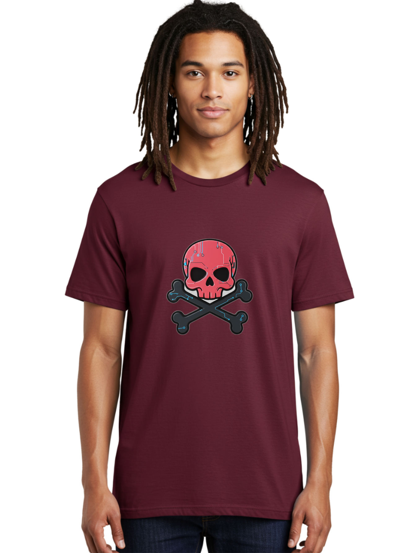 Skull-And-Crossbones-2 Men'S Graphic Tee, 100% Cotton, Comfortable Casual Summer Wear, Machine Washable, Futuristic Skull, Crossbones, Cyberpunk Design, Electronic Circuits, Red Skull, Black Bones, Sci-Fi Elements, Tech-Inspired Art, Bae738 17