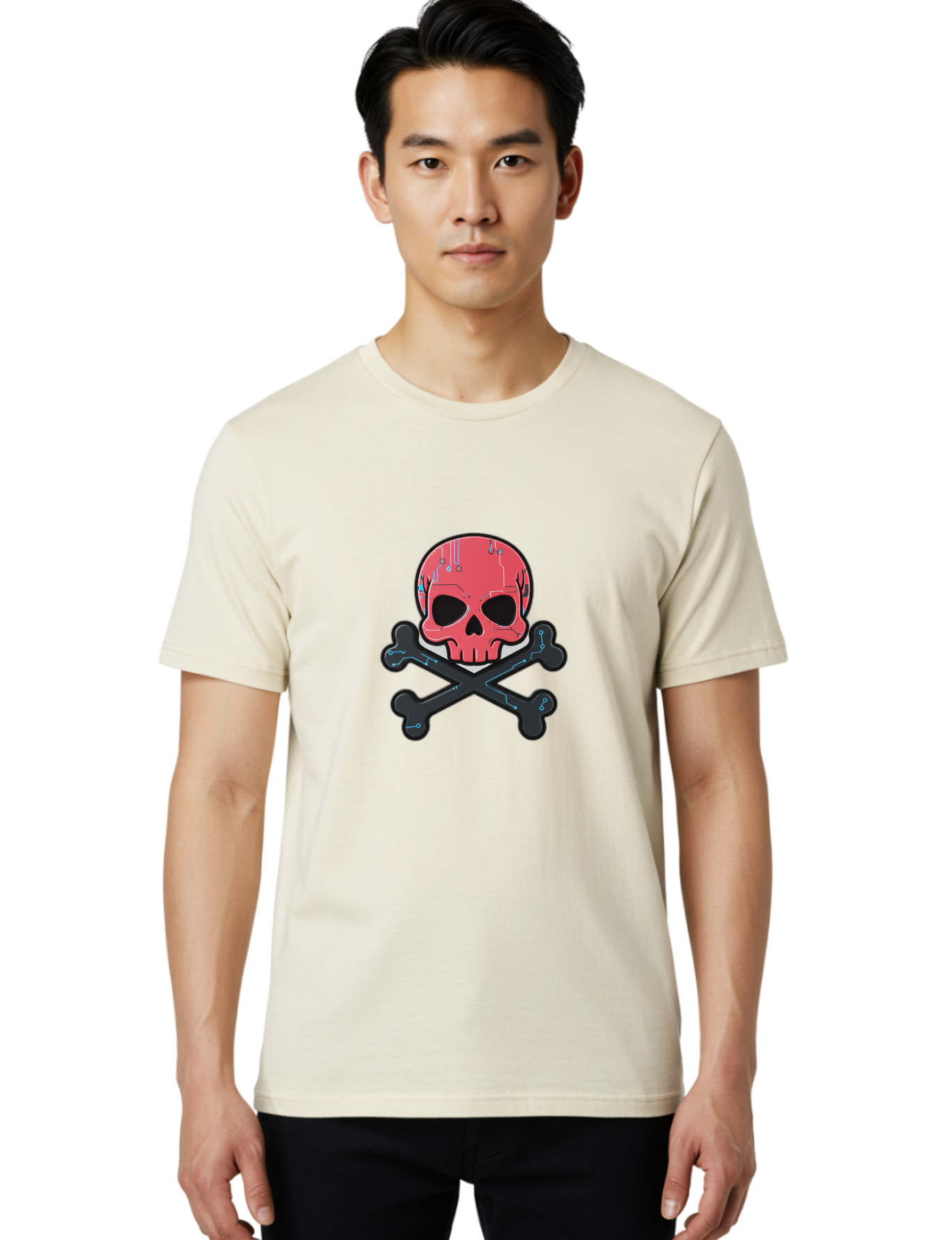 Skull-And-Crossbones-2 Men'S Graphic Tee, 100% Cotton, Comfortable Casual Summer Wear, Machine Washable, Futuristic Skull, Crossbones, Cyberpunk Design, Electronic Circuits, Red Skull, Black Bones, Sci-Fi Elements, Tech-Inspired Art, Bae738 19